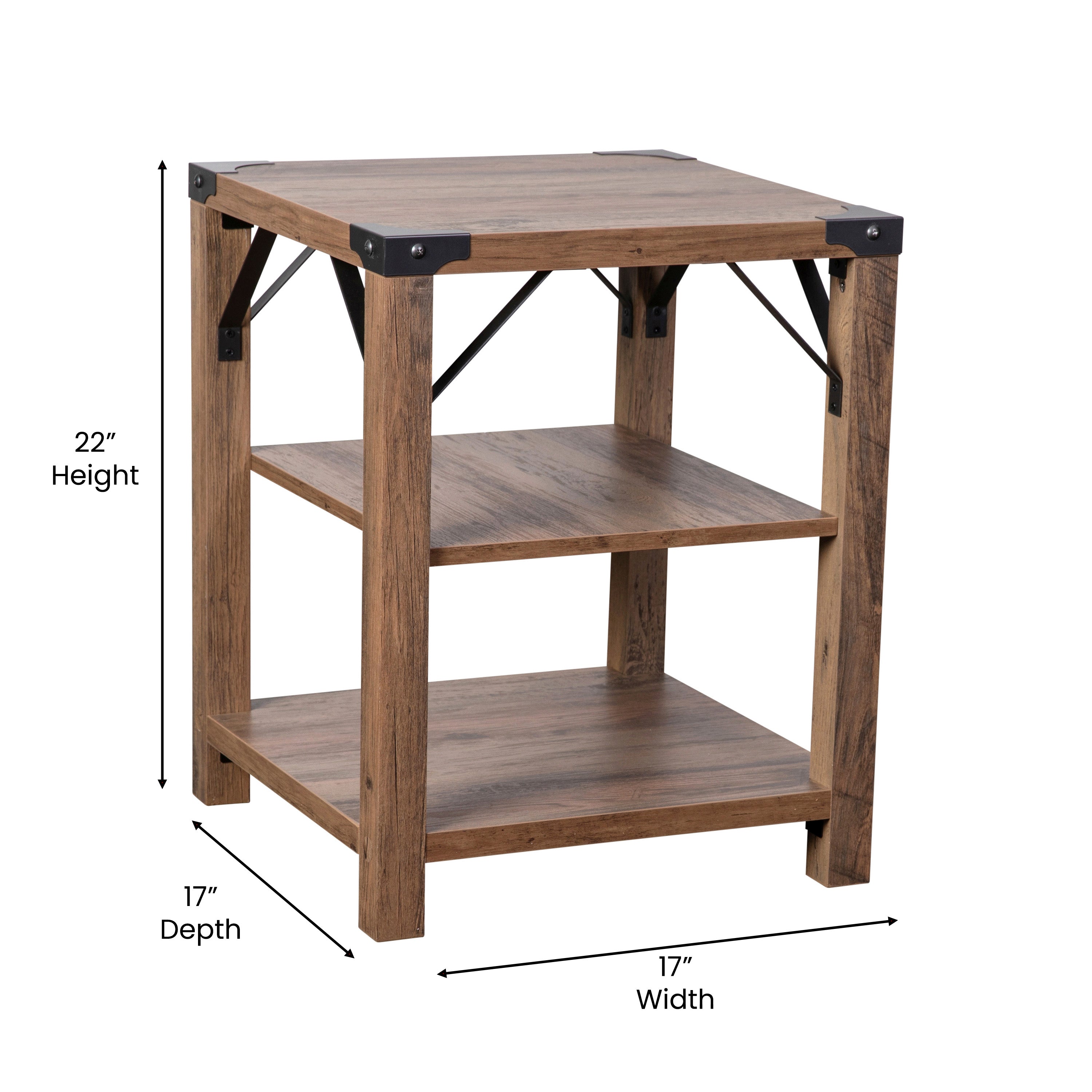 Wyatt Modern Farmhouse Wooden 3 Tier End Table with Black Metal Corner Accents and Cross Bracing, Rustic Oak