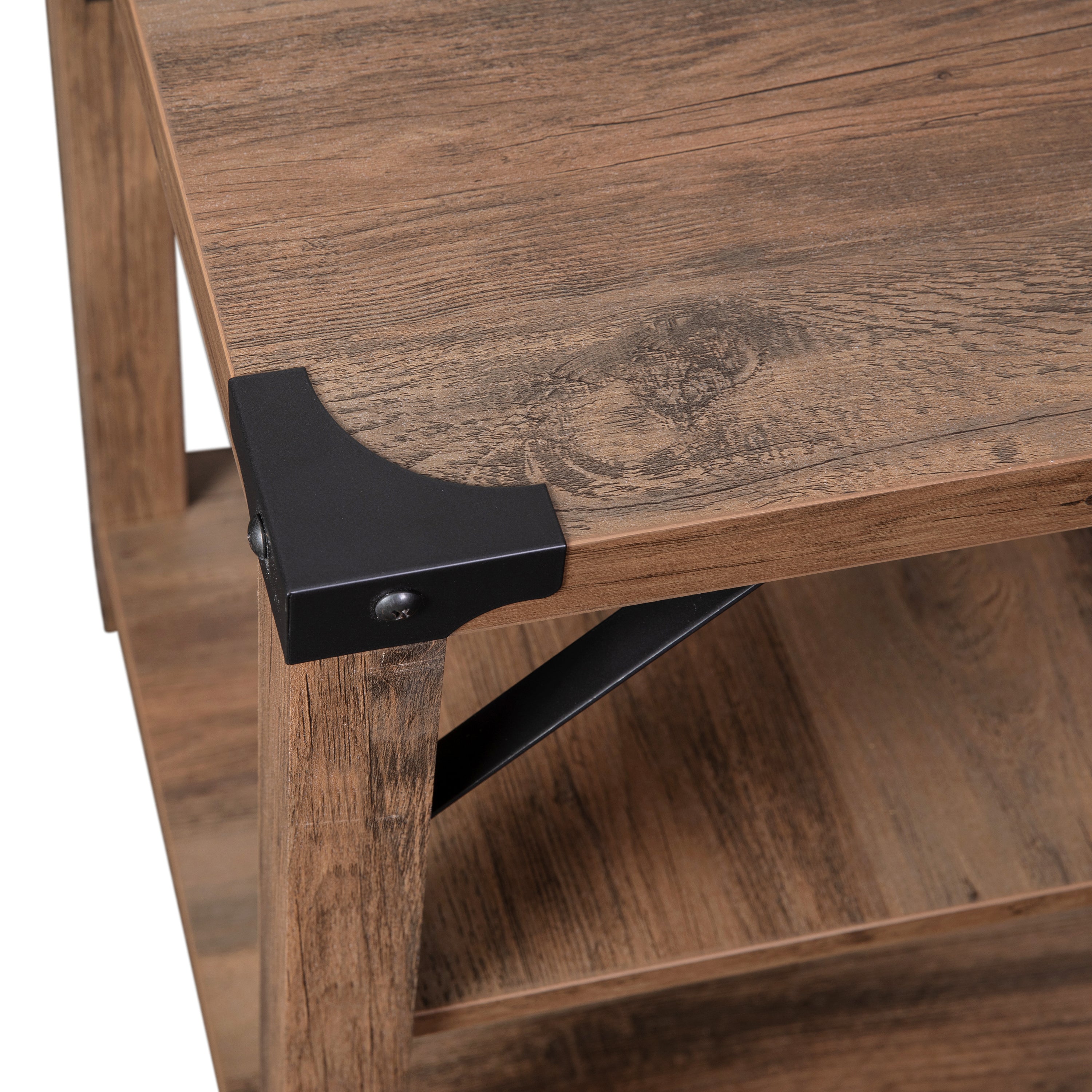 Wyatt Modern Farmhouse Wooden 3 Tier End Table with Black Metal Corner Accents and Cross Bracing, Rustic Oak