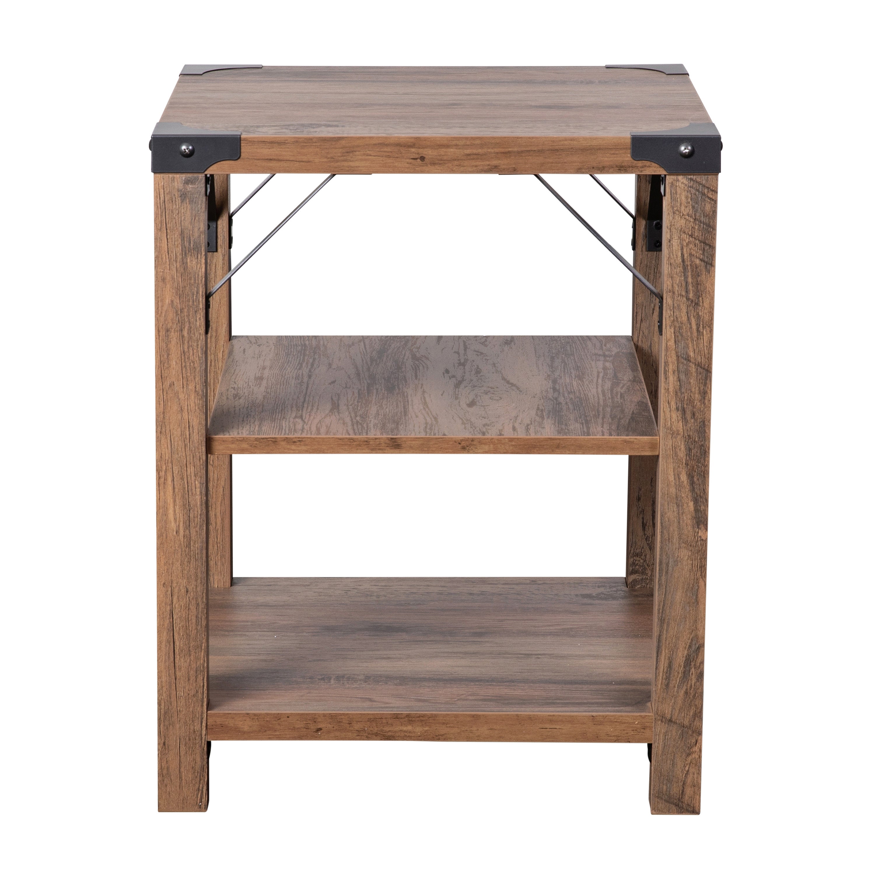 Wyatt Modern Farmhouse Wooden 3 Tier End Table with Black Metal Corner Accents and Cross Bracing, Rustic Oak