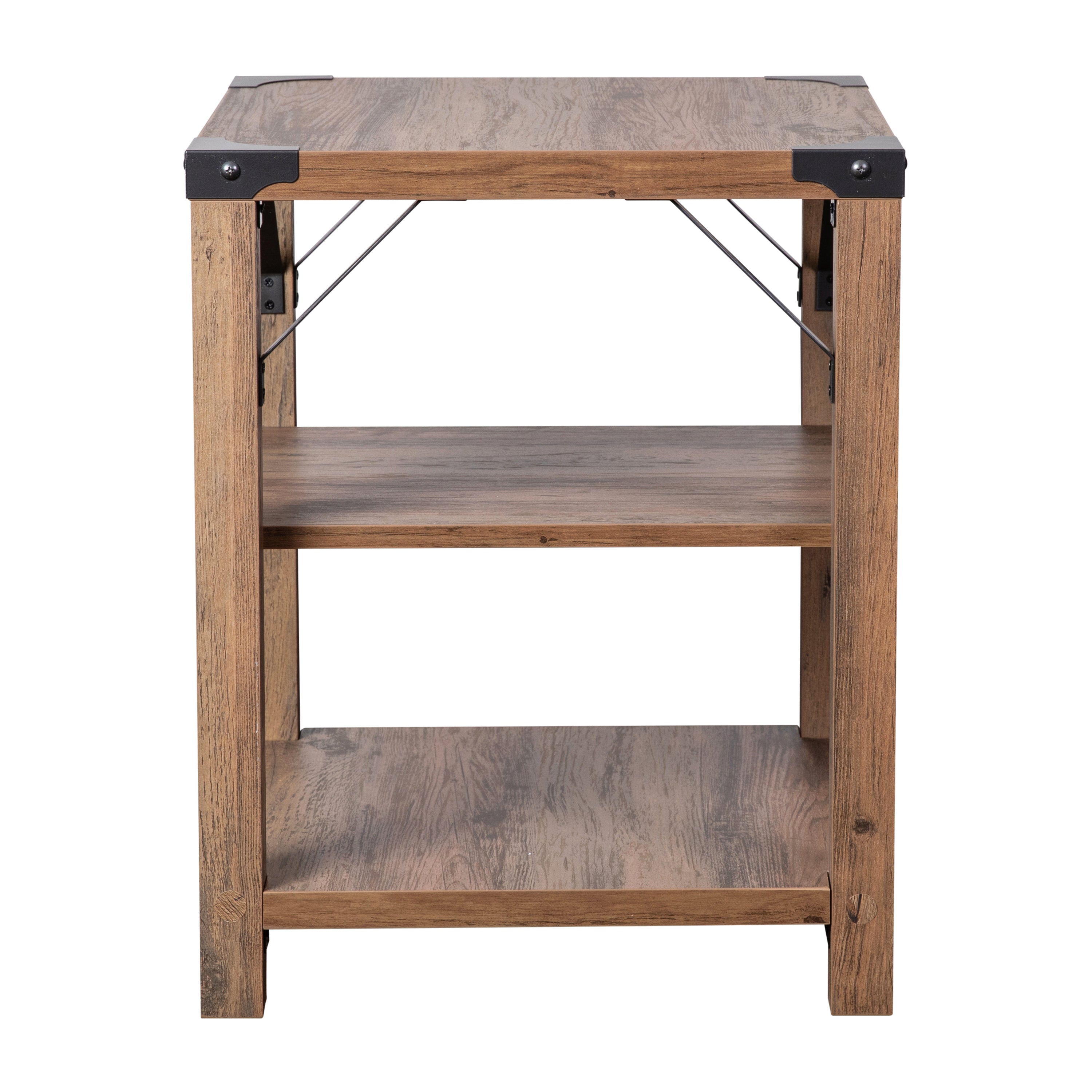 Wyatt Modern Farmhouse Wooden 3 Tier End Table with Black Metal Corner Accents and Cross Bracing, Rustic Oak