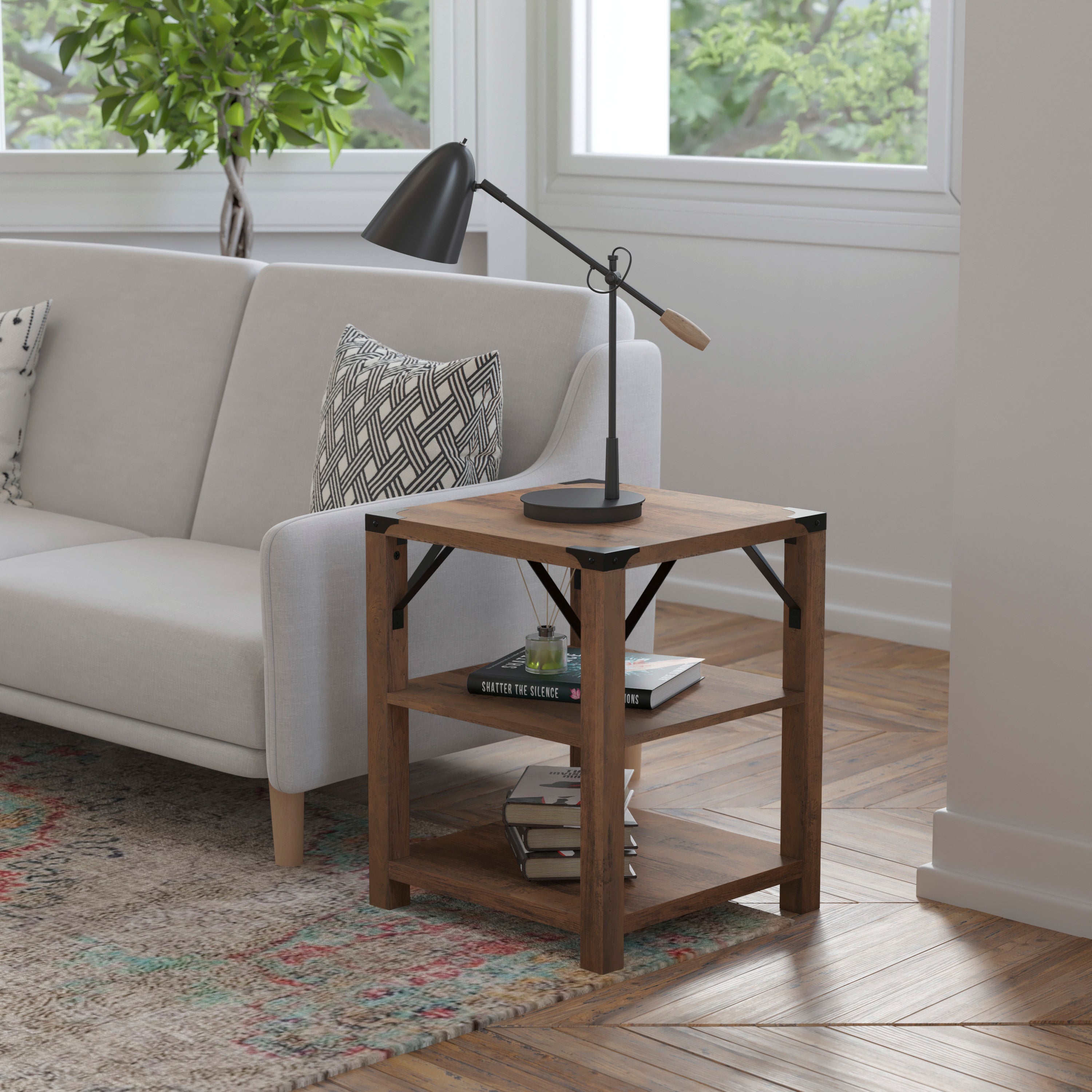 Wyatt Modern Farmhouse Wooden 3 Tier End Table with Black Metal Corner Accents and Cross Bracing, Rustic Oak