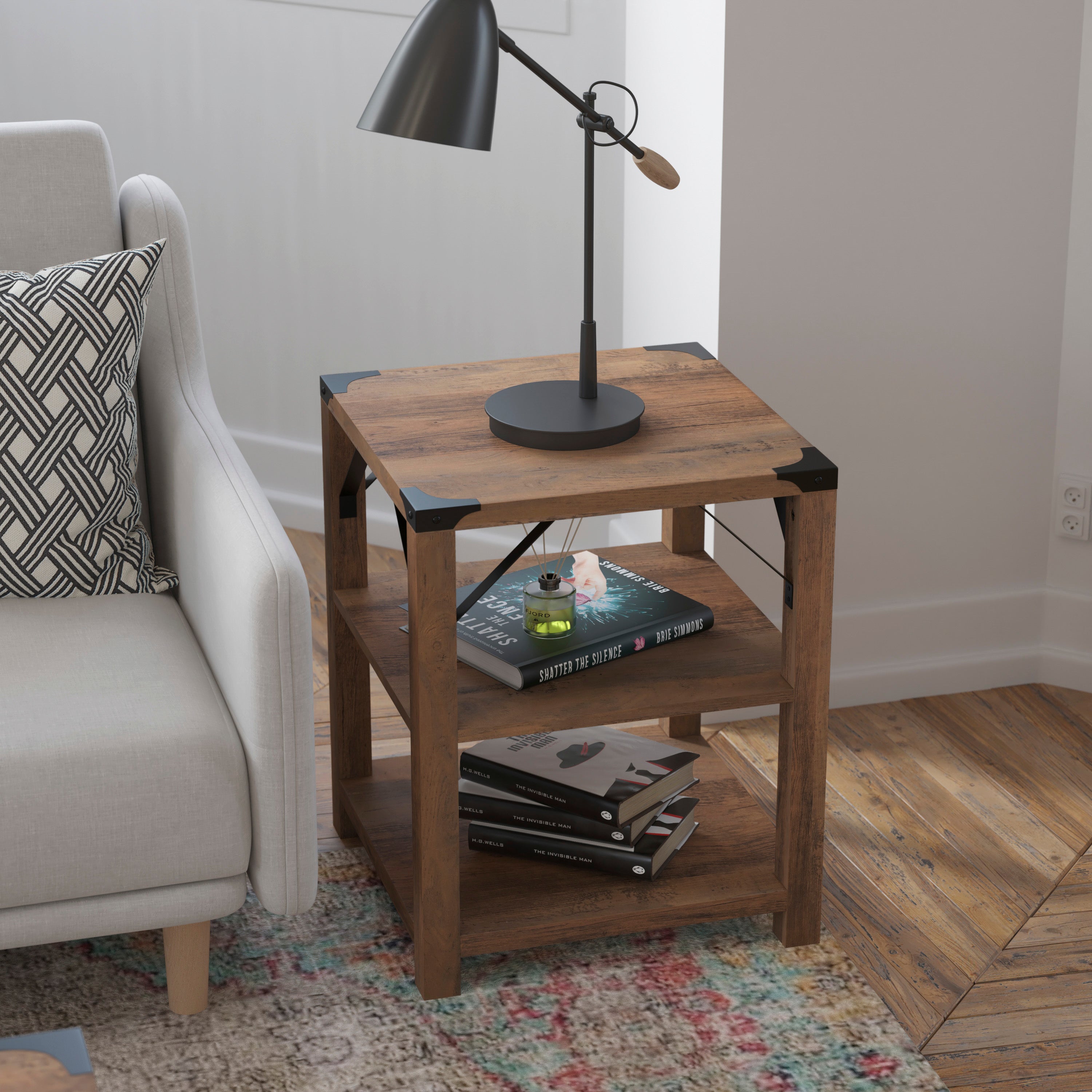 Wyatt Modern Farmhouse Wooden 3 Tier End Table with Black Metal Corner Accents and Cross Bracing, Rustic Oak