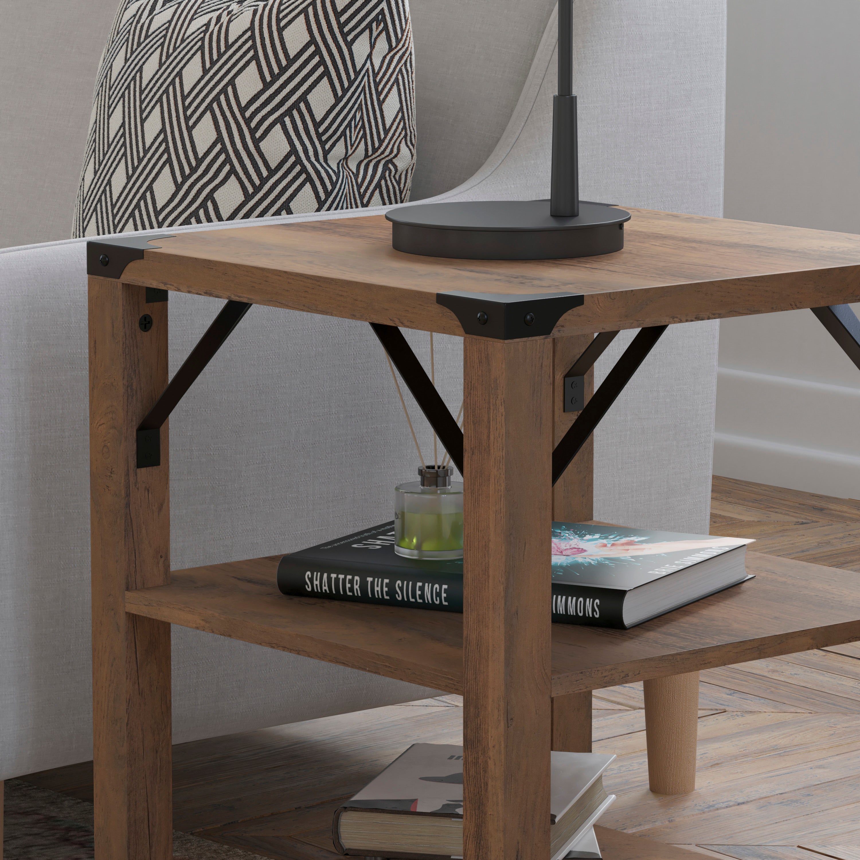 Wyatt Modern Farmhouse Wooden 3 Tier End Table with Black Metal Corner Accents and Cross Bracing, Rustic Oak