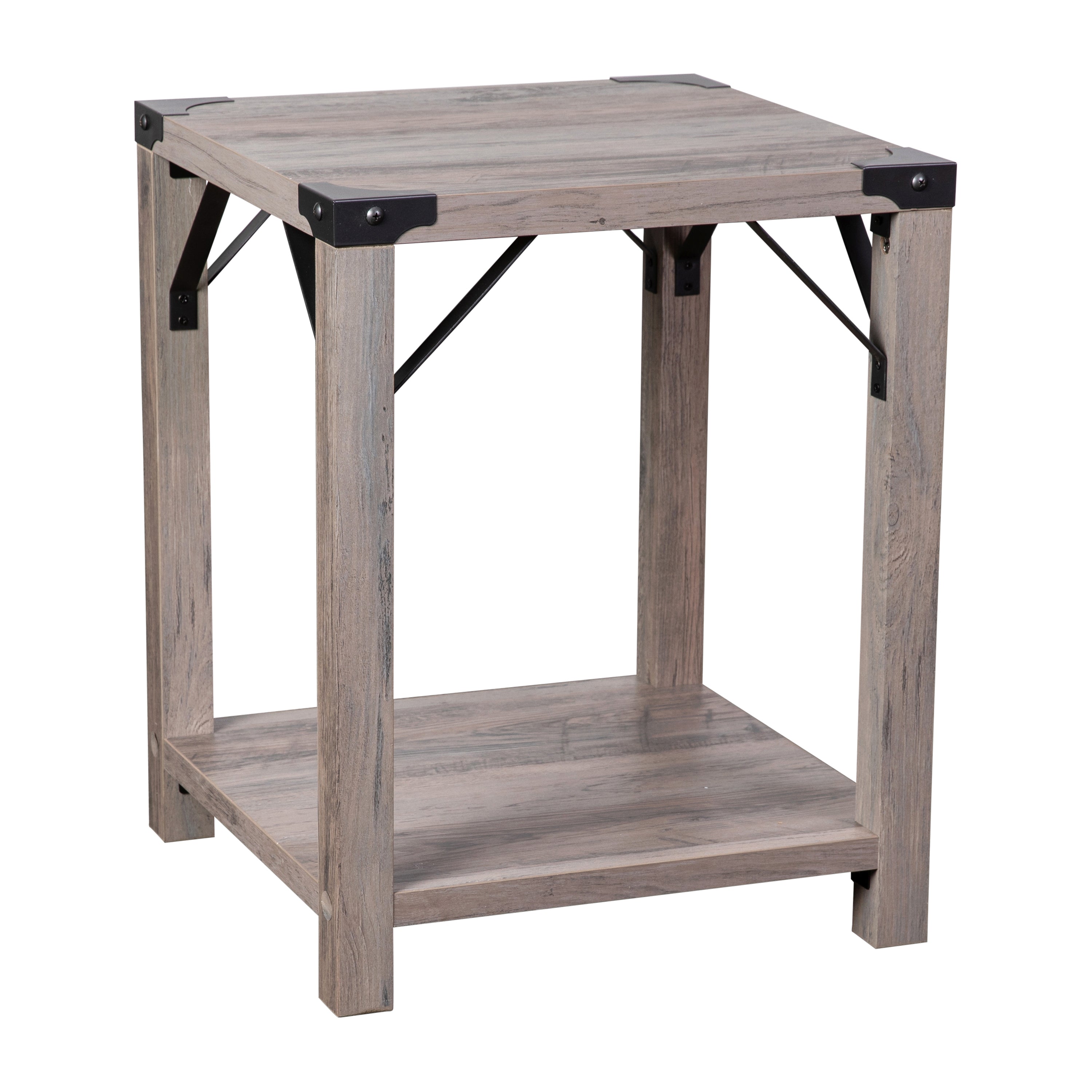 Wyatt Modern Farmhouse Wooden 2 Tier End Table with Black Metal Corner Accents and Cross Bracing, Gray Wash
