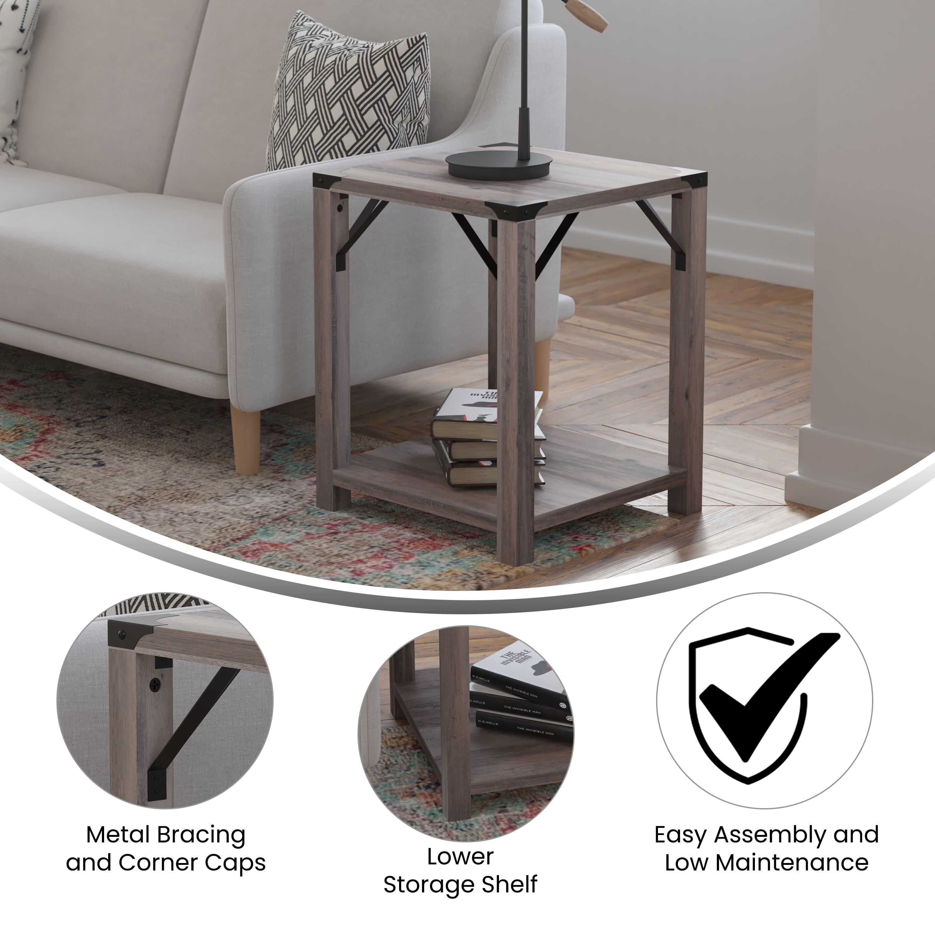 Wyatt Modern Farmhouse Wooden 2 Tier End Table with Black Metal Corner Accents and Cross Bracing, Gray Wash