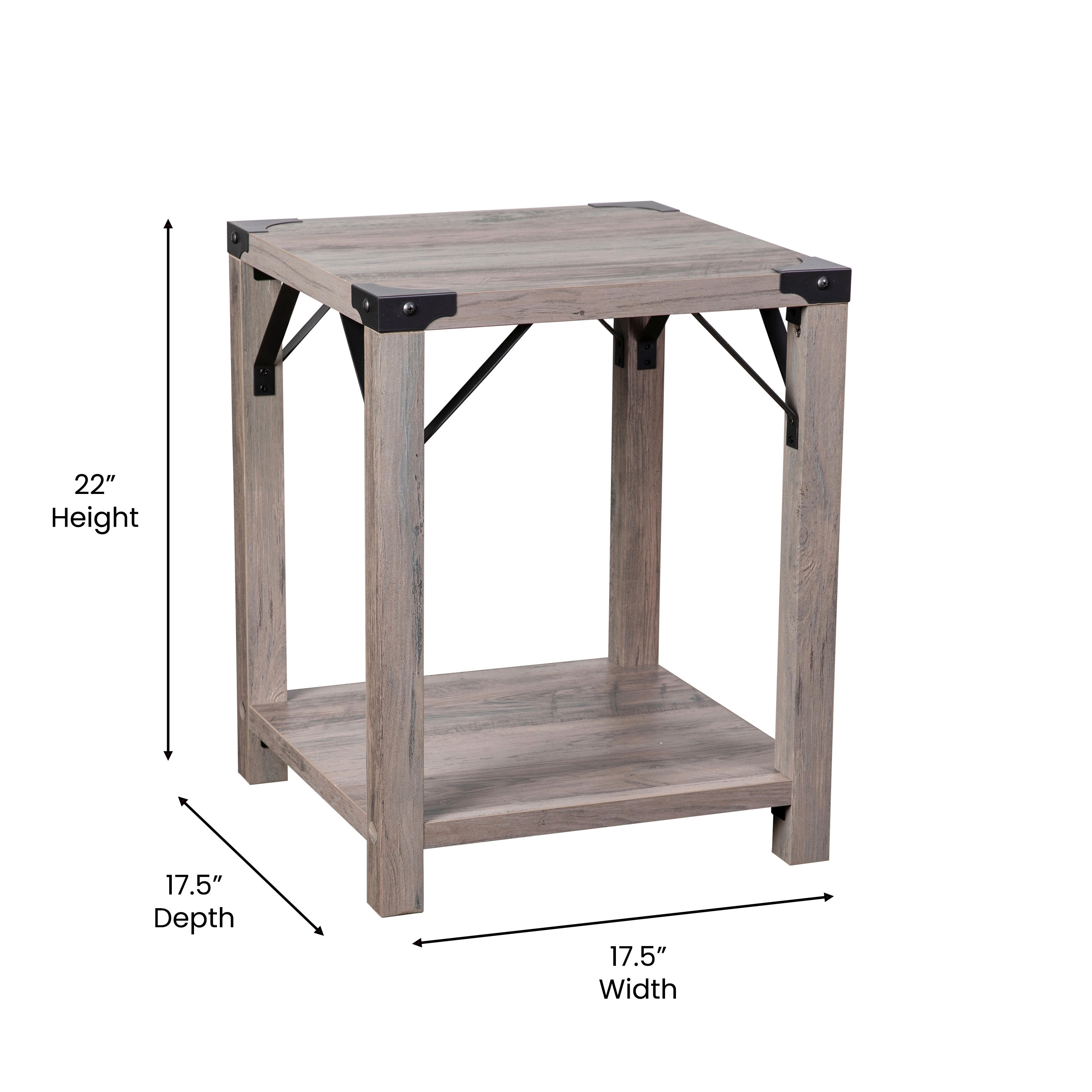 Wyatt Modern Farmhouse Wooden 2 Tier End Table with Black Metal Corner Accents and Cross Bracing, Gray Wash
