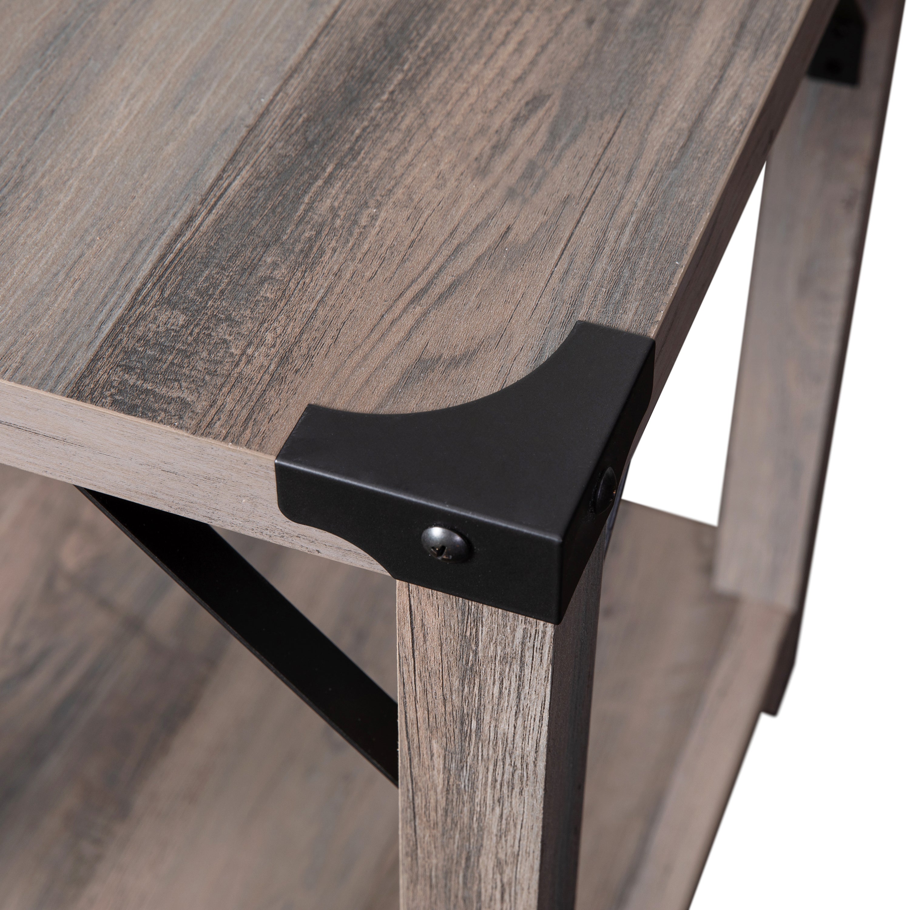 Wyatt Modern Farmhouse Wooden 2 Tier End Table with Black Metal Corner Accents and Cross Bracing, Gray Wash