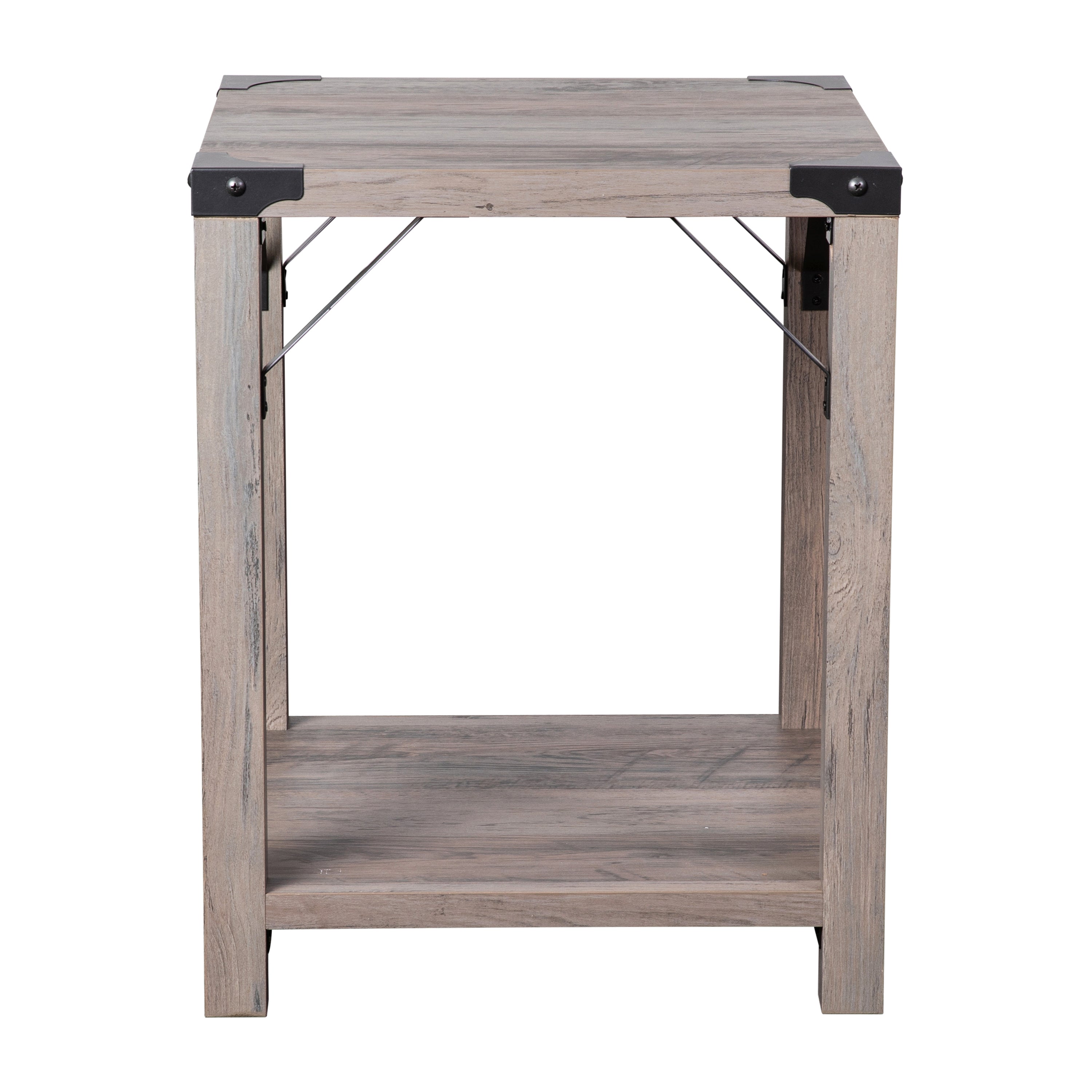 Wyatt Modern Farmhouse Wooden 2 Tier End Table with Black Metal Corner Accents and Cross Bracing, Gray Wash