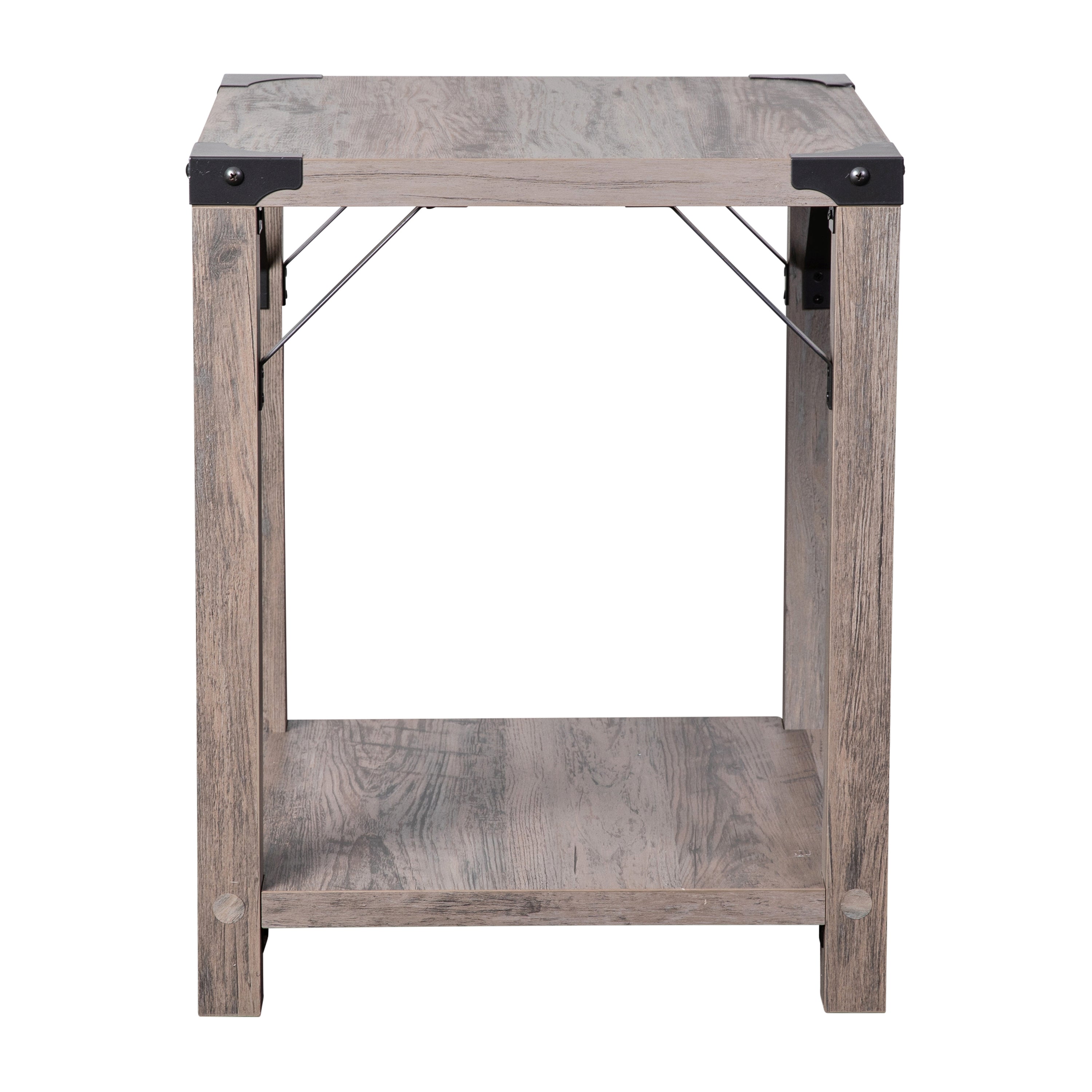 Wyatt Modern Farmhouse Wooden 2 Tier End Table with Black Metal Corner Accents and Cross Bracing, Gray Wash