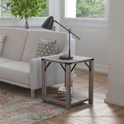 Wyatt Modern Farmhouse Wooden 2 Tier End Table with Black Metal Corner Accents and Cross Bracing, Gray Wash