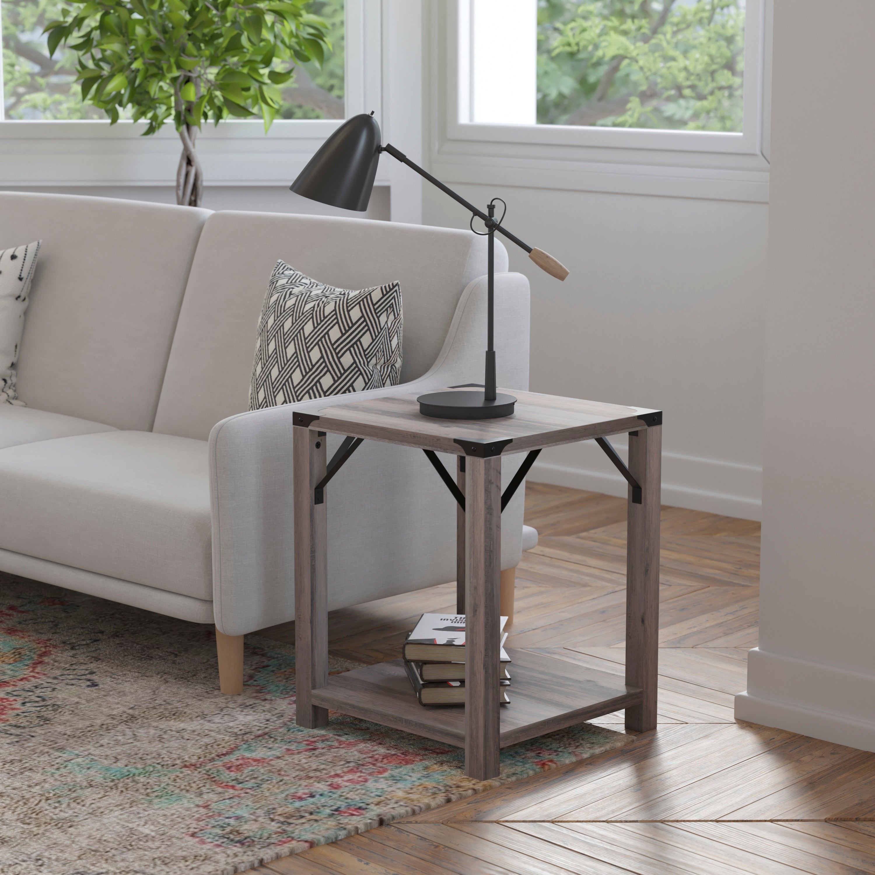Wyatt Modern Farmhouse Wooden 2 Tier End Table with Black Metal Corner Accents and Cross Bracing, Gray Wash