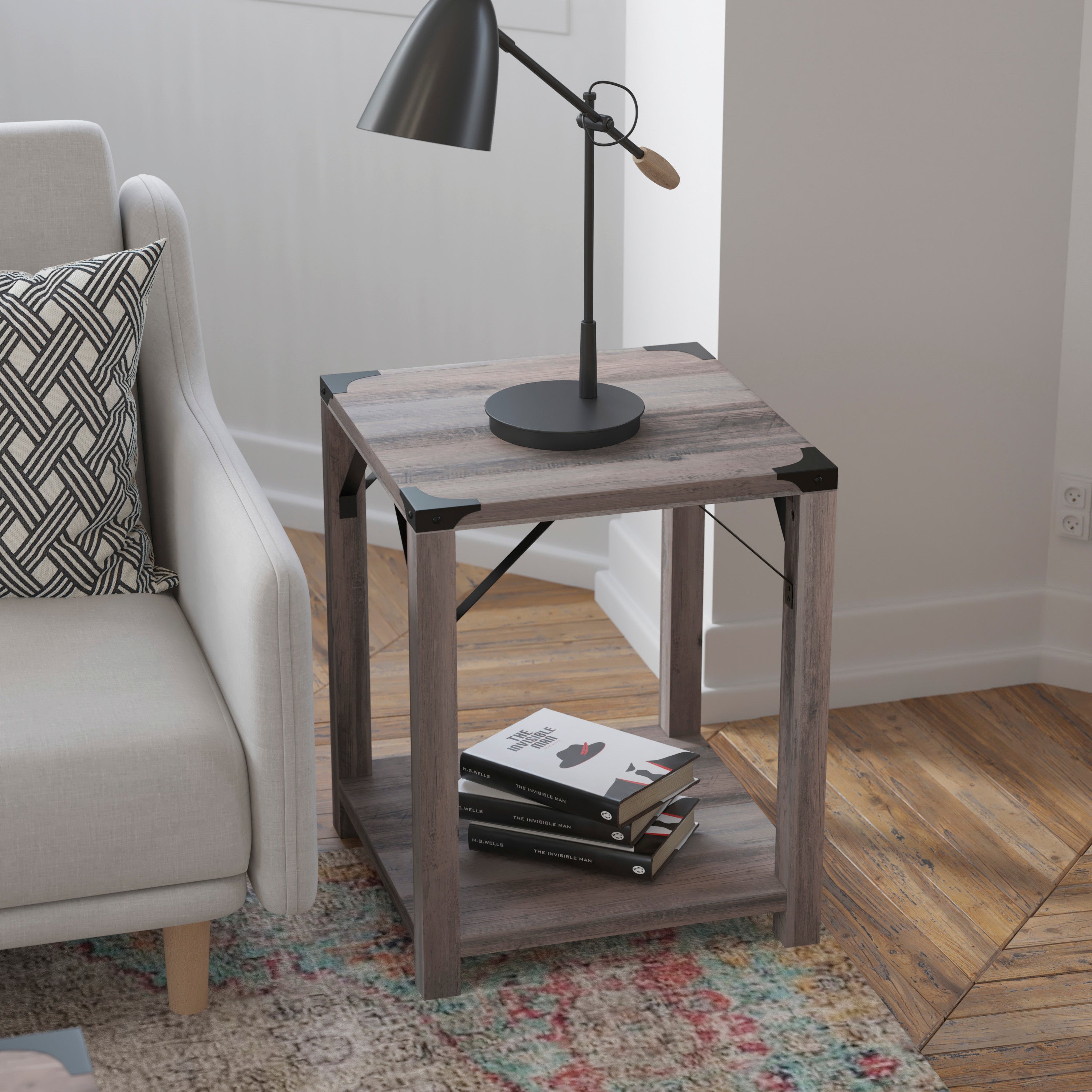 Wyatt Modern Farmhouse Wooden 2 Tier End Table with Black Metal Corner Accents and Cross Bracing, Gray Wash