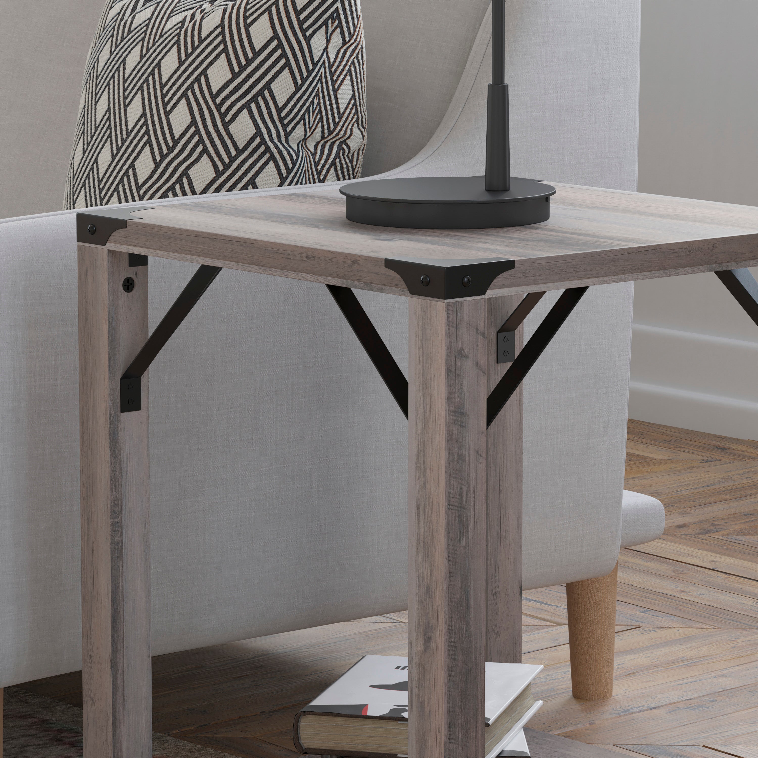 Wyatt Modern Farmhouse Wooden 2 Tier End Table with Black Metal Corner Accents and Cross Bracing, Gray Wash