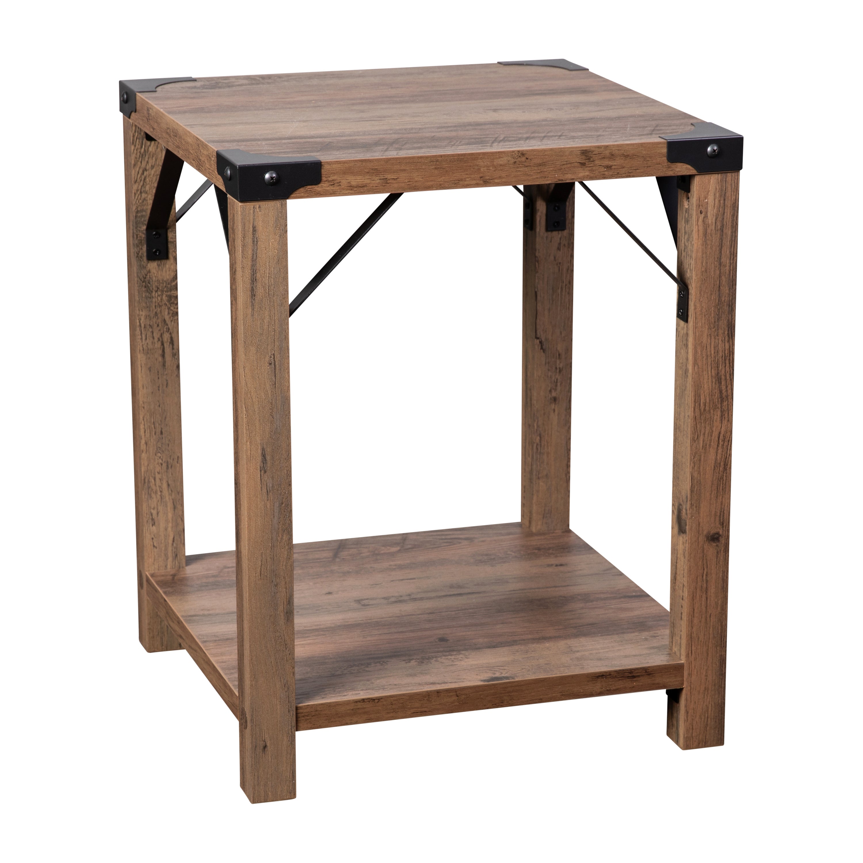 Wyatt Modern Farmhouse Wooden 2 Tier End Table with Black Metal Corner Accents and Cross Bracing, Rustic Oak