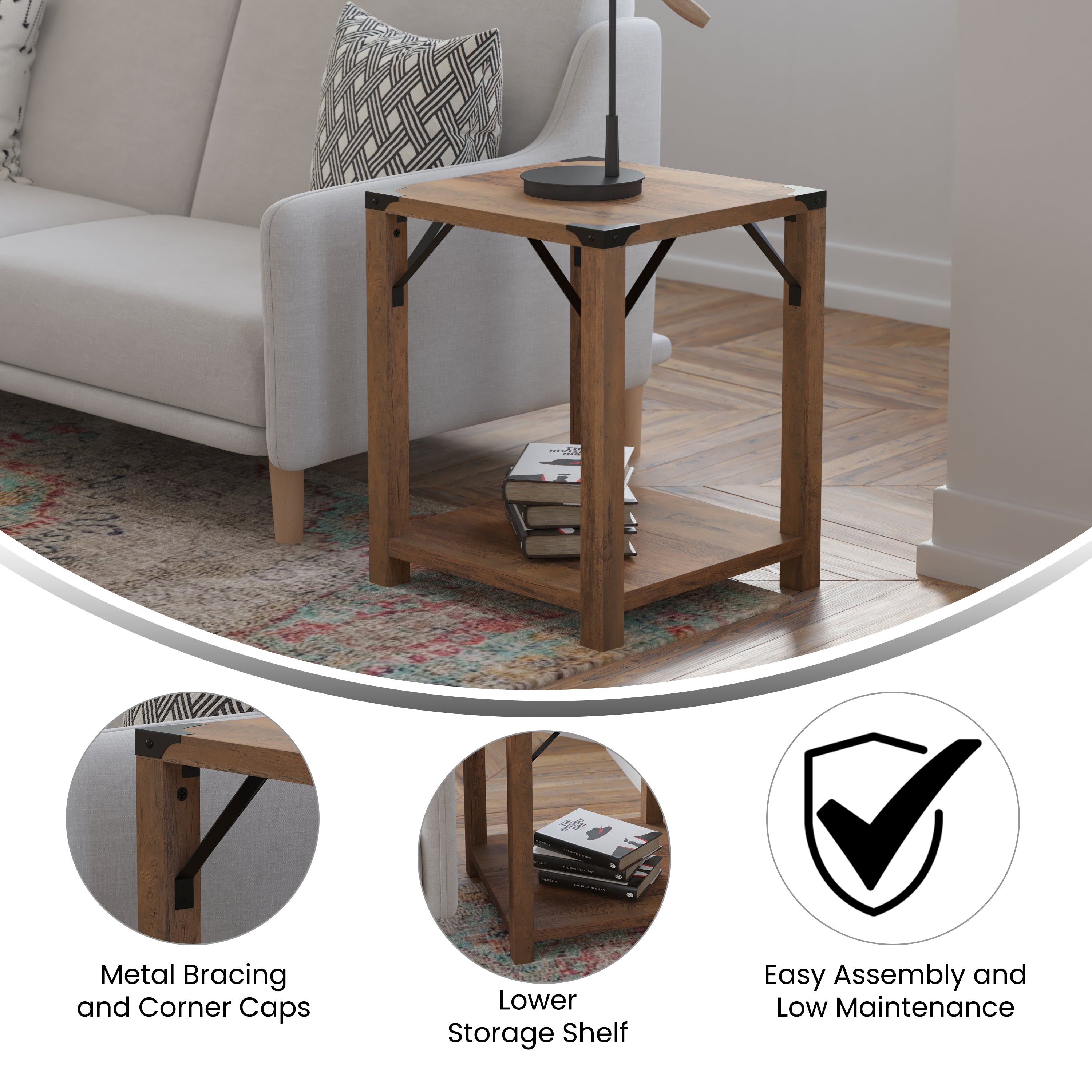 Wyatt Modern Farmhouse Wooden 2 Tier End Table with Black Metal Corner Accents and Cross Bracing, Rustic Oak