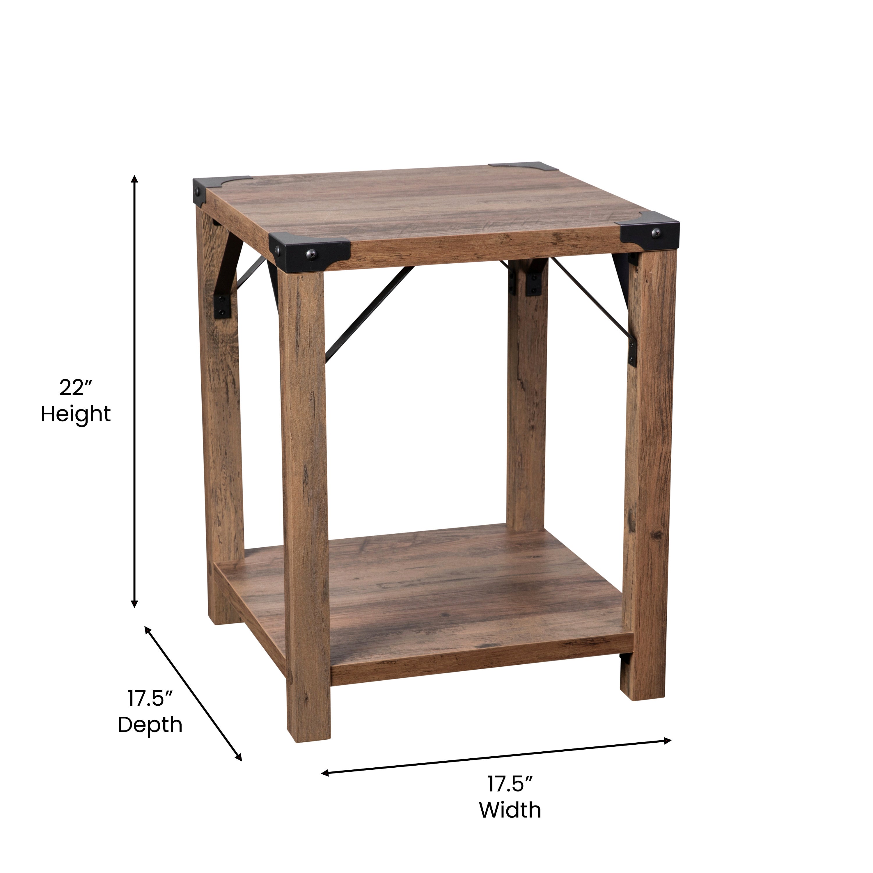 Wyatt Modern Farmhouse Wooden 2 Tier End Table with Black Metal Corner Accents and Cross Bracing, Rustic Oak