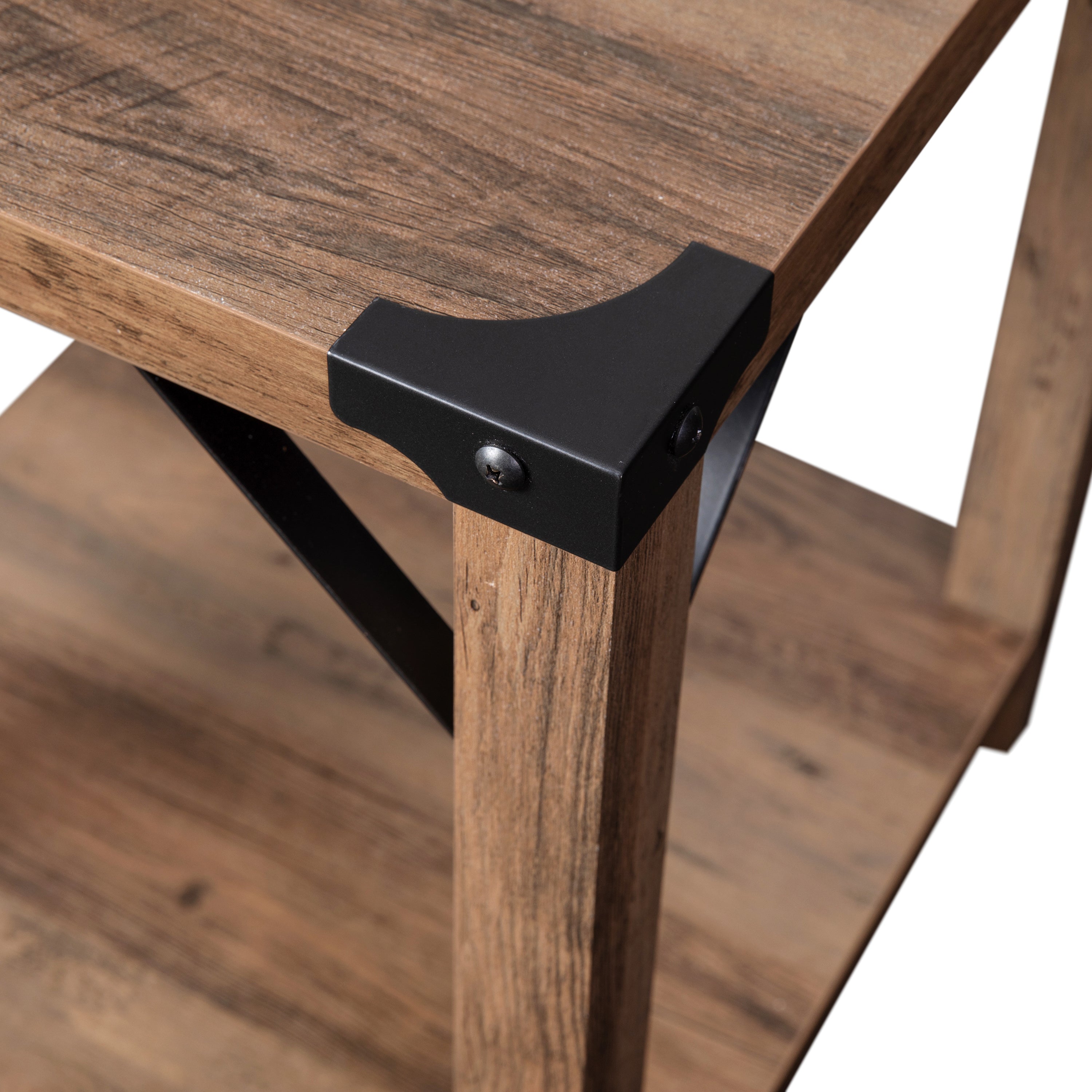 Wyatt Modern Farmhouse Wooden 2 Tier End Table with Black Metal Corner Accents and Cross Bracing, Rustic Oak