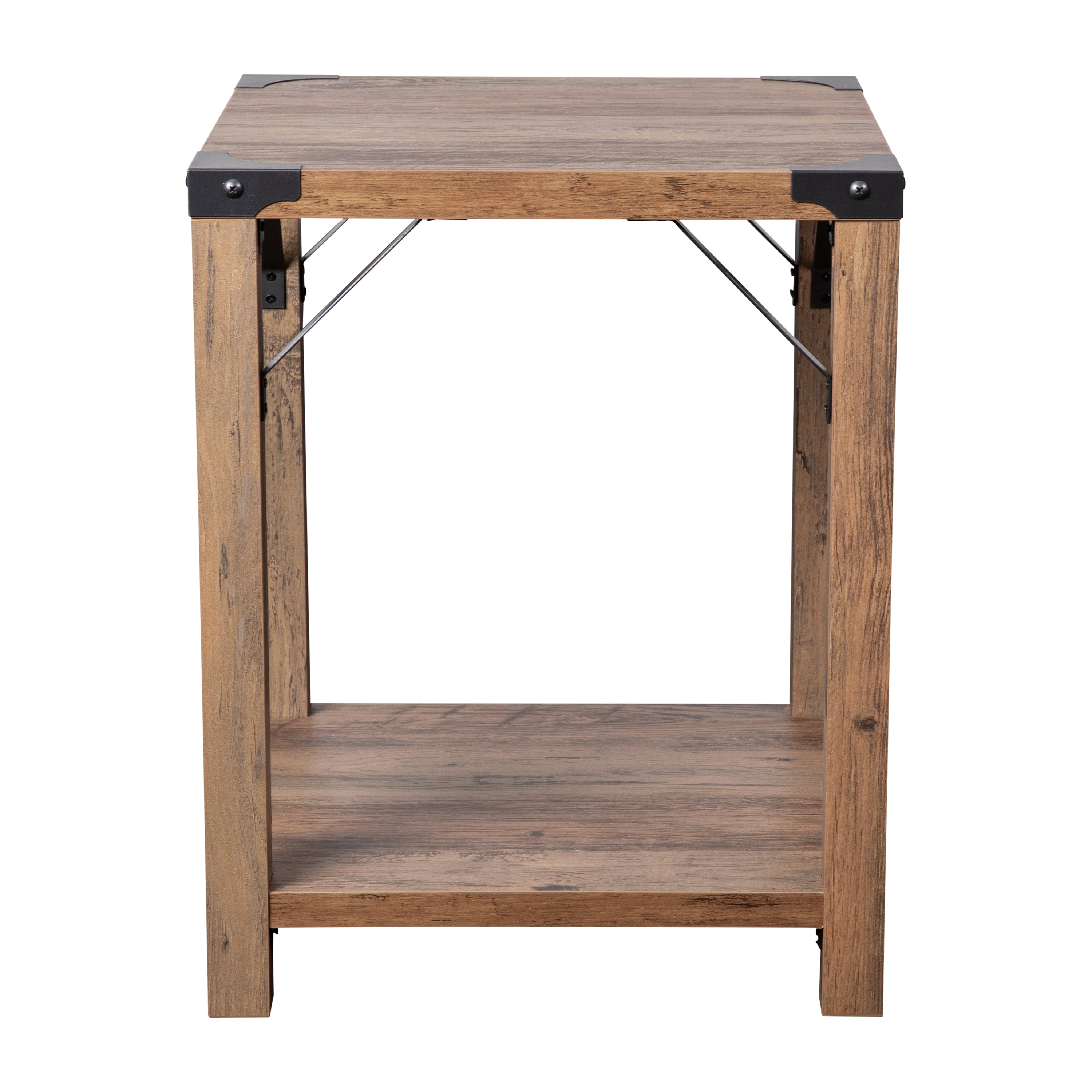 Wyatt Modern Farmhouse Wooden 2 Tier End Table with Black Metal Corner Accents and Cross Bracing, Rustic Oak