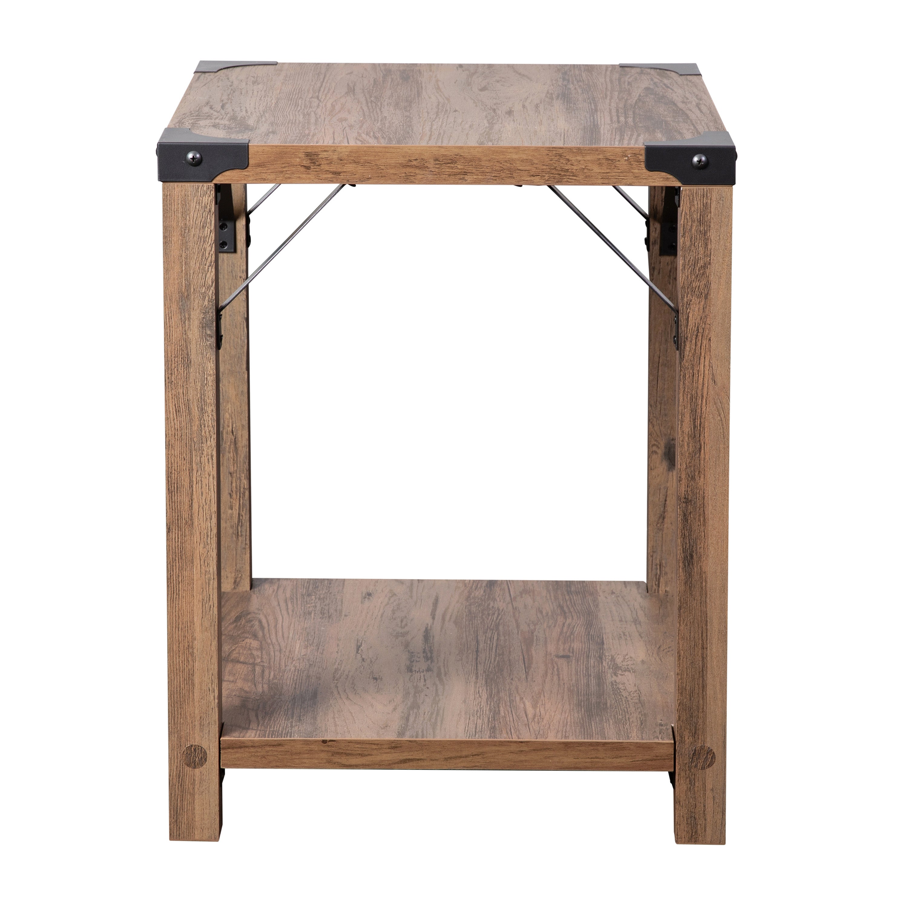 Wyatt Modern Farmhouse Wooden 2 Tier End Table with Black Metal Corner Accents and Cross Bracing, Rustic Oak