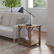 Wyatt Modern Farmhouse Wooden 2 Tier End Table with Black Metal Corner Accents and Cross Bracing, Rustic Oak