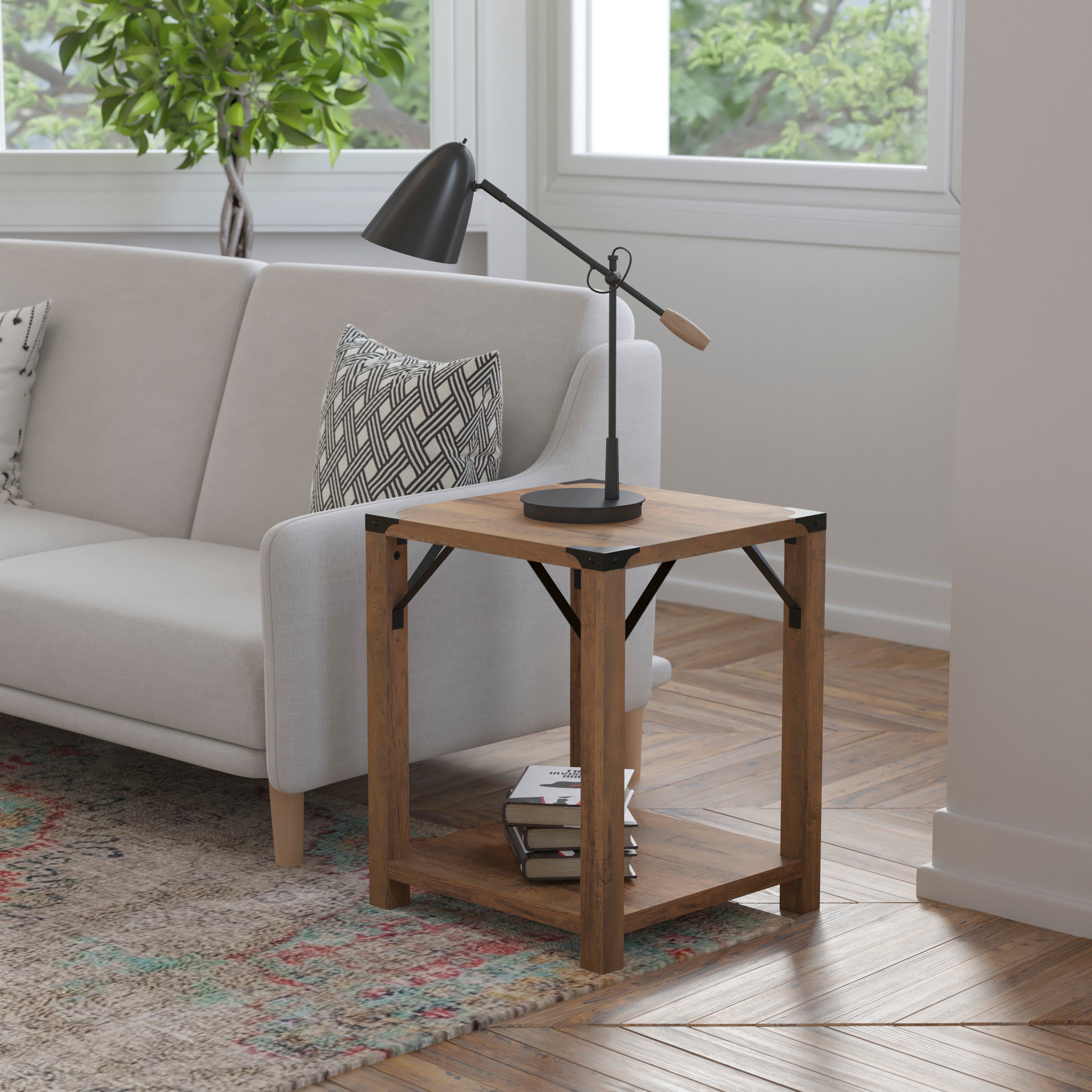 Wyatt Modern Farmhouse Wooden 2 Tier End Table with Black Metal Corner Accents and Cross Bracing, Rustic Oak