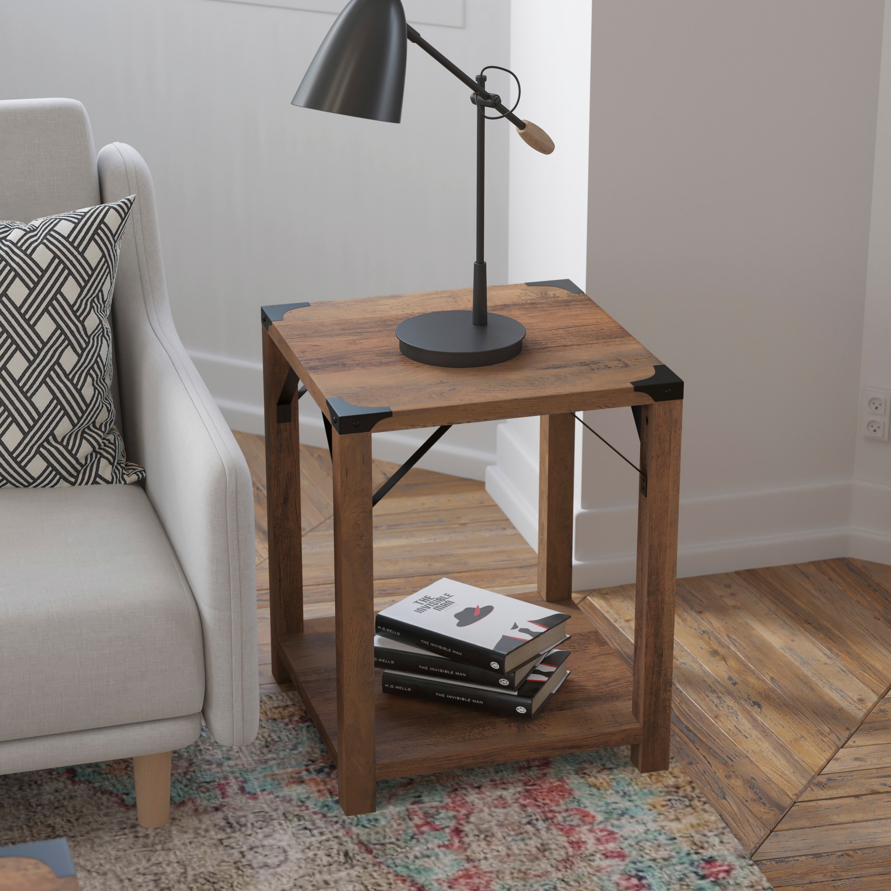 Wyatt Modern Farmhouse Wooden 2 Tier End Table with Black Metal Corner Accents and Cross Bracing, Rustic Oak