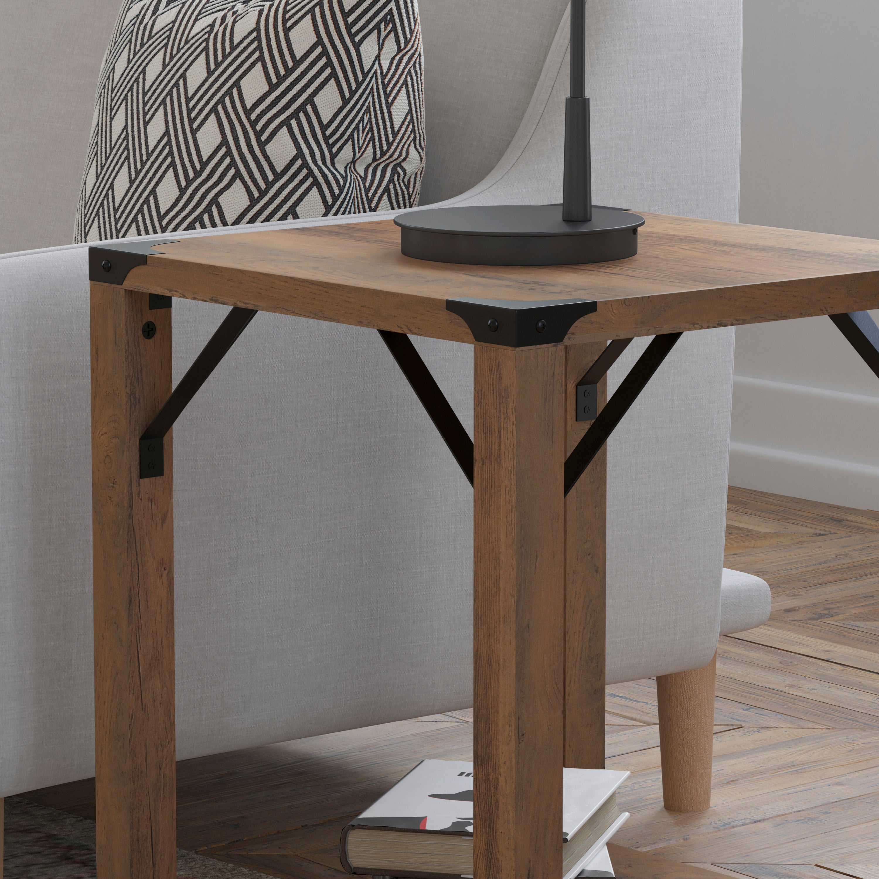 Wyatt Modern Farmhouse Wooden 2 Tier End Table with Black Metal Corner Accents and Cross Bracing, Rustic Oak