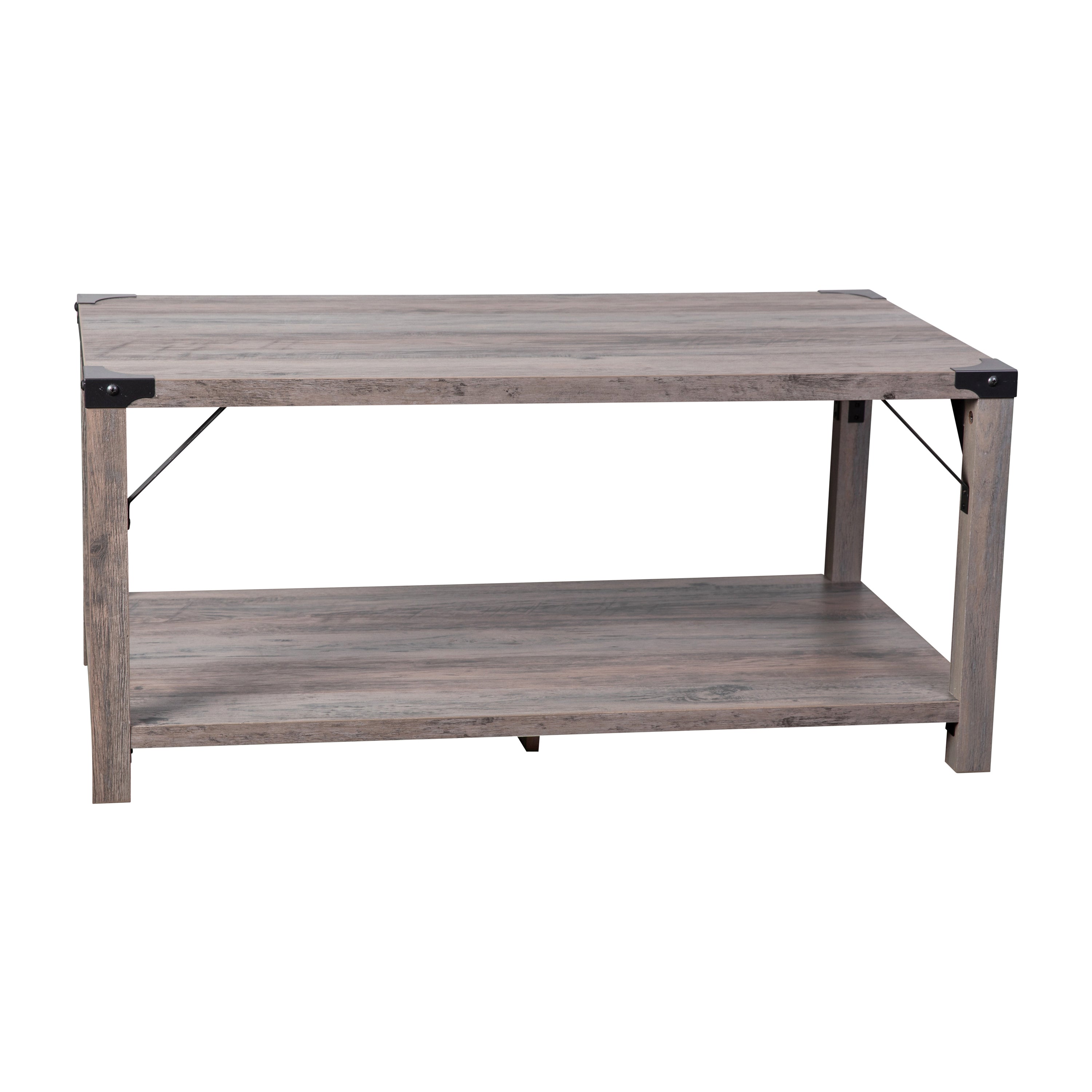 Wyatt Modern Farmhouse Wooden 2 Tier Coffee Table with Black Metal Corner Accents and Cross Bracing, Gray Wash