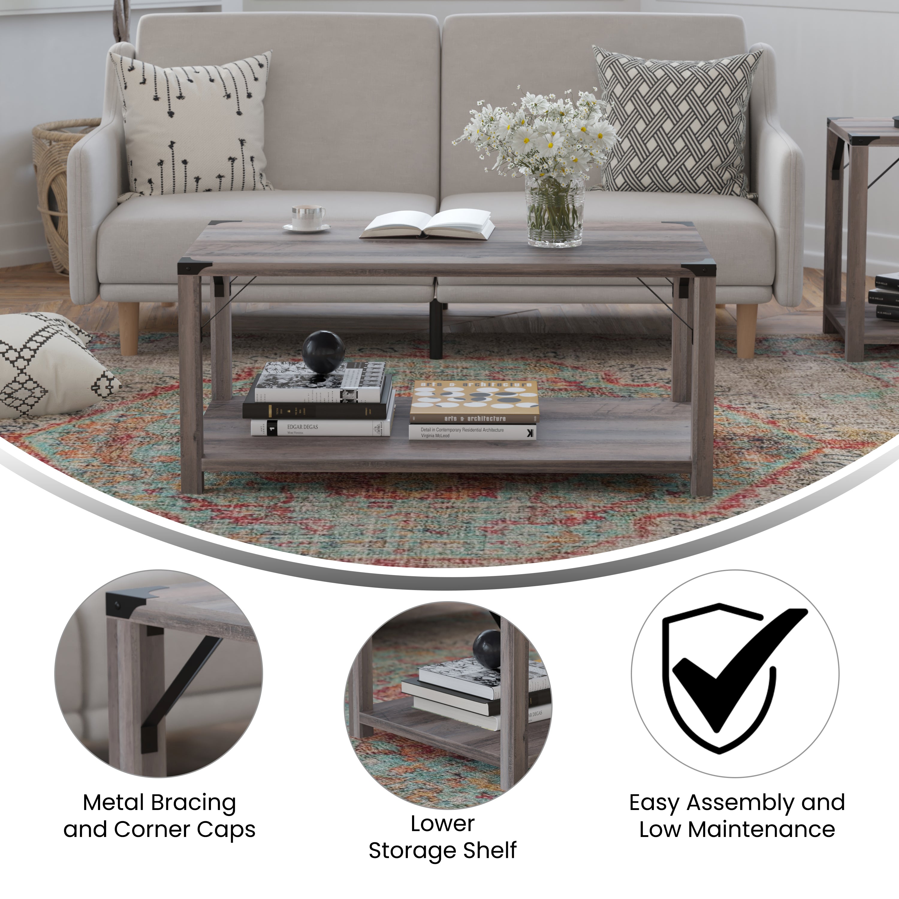 Wyatt Modern Farmhouse Wooden 2 Tier Coffee Table with Black Metal Corner Accents and Cross Bracing, Gray Wash