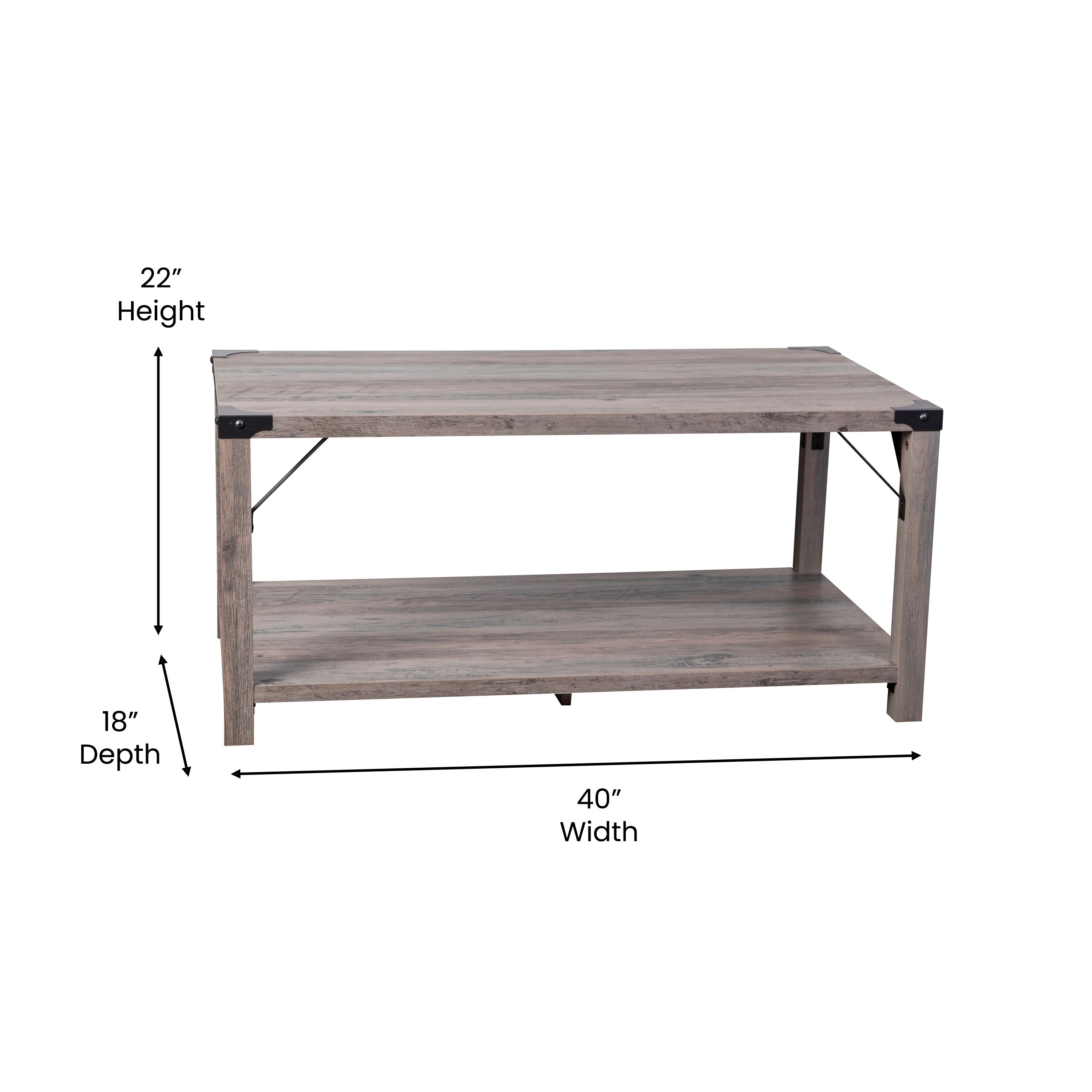Wyatt Modern Farmhouse Wooden 2 Tier Coffee Table with Black Metal Corner Accents and Cross Bracing, Gray Wash