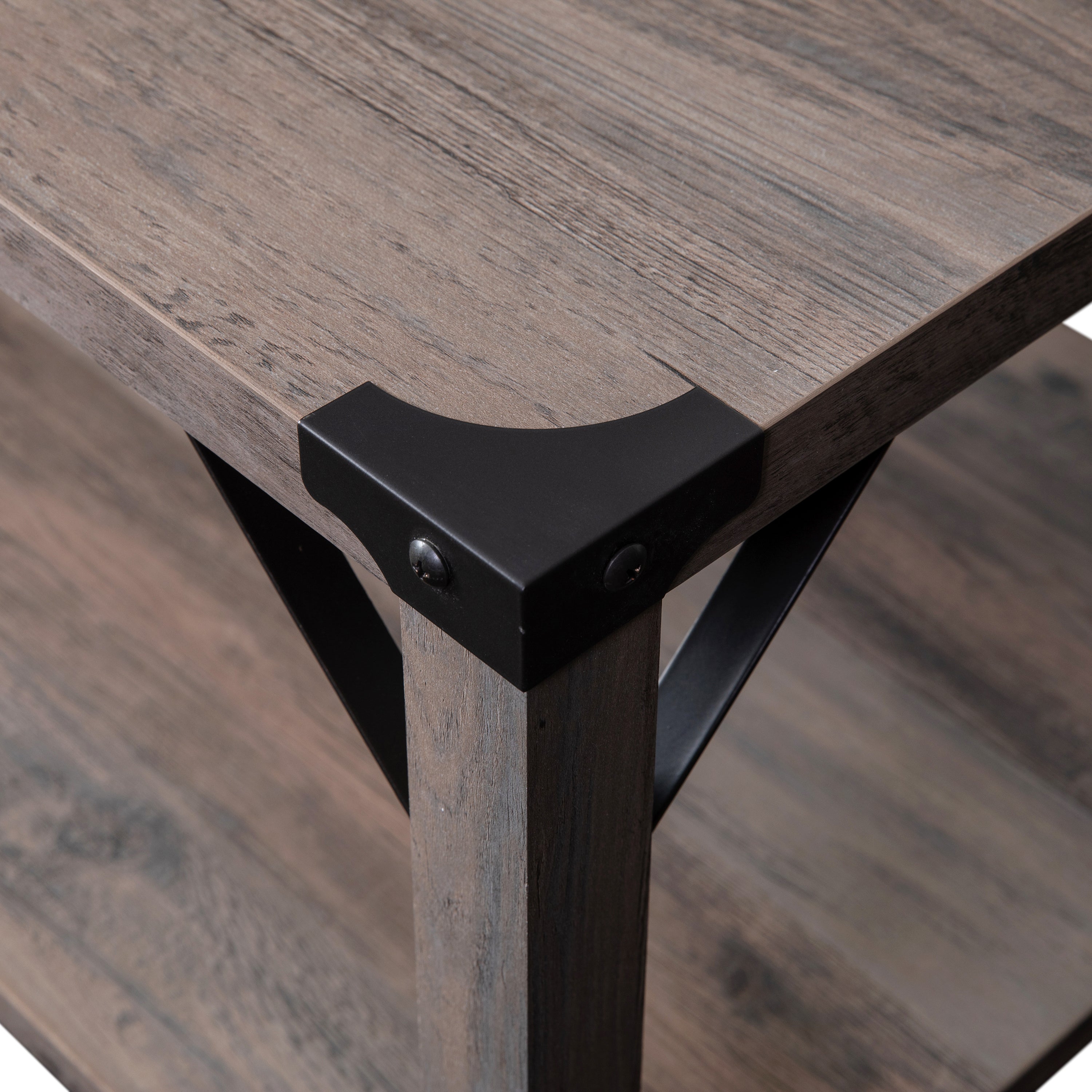 Wyatt Modern Farmhouse Wooden 2 Tier Coffee Table with Black Metal Corner Accents and Cross Bracing, Gray Wash