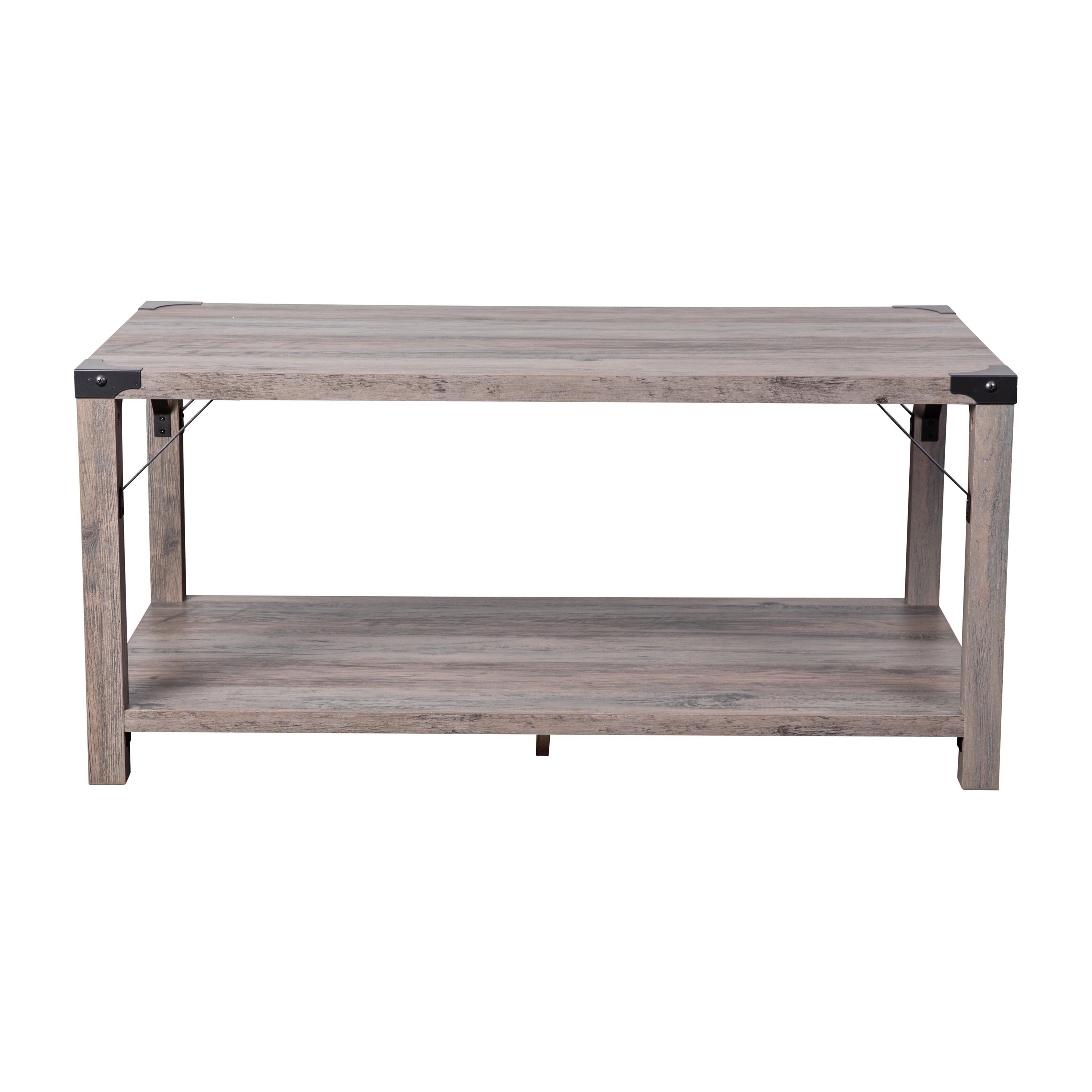 Wyatt Modern Farmhouse Wooden 2 Tier Coffee Table with Black Metal Corner Accents and Cross Bracing, Gray Wash