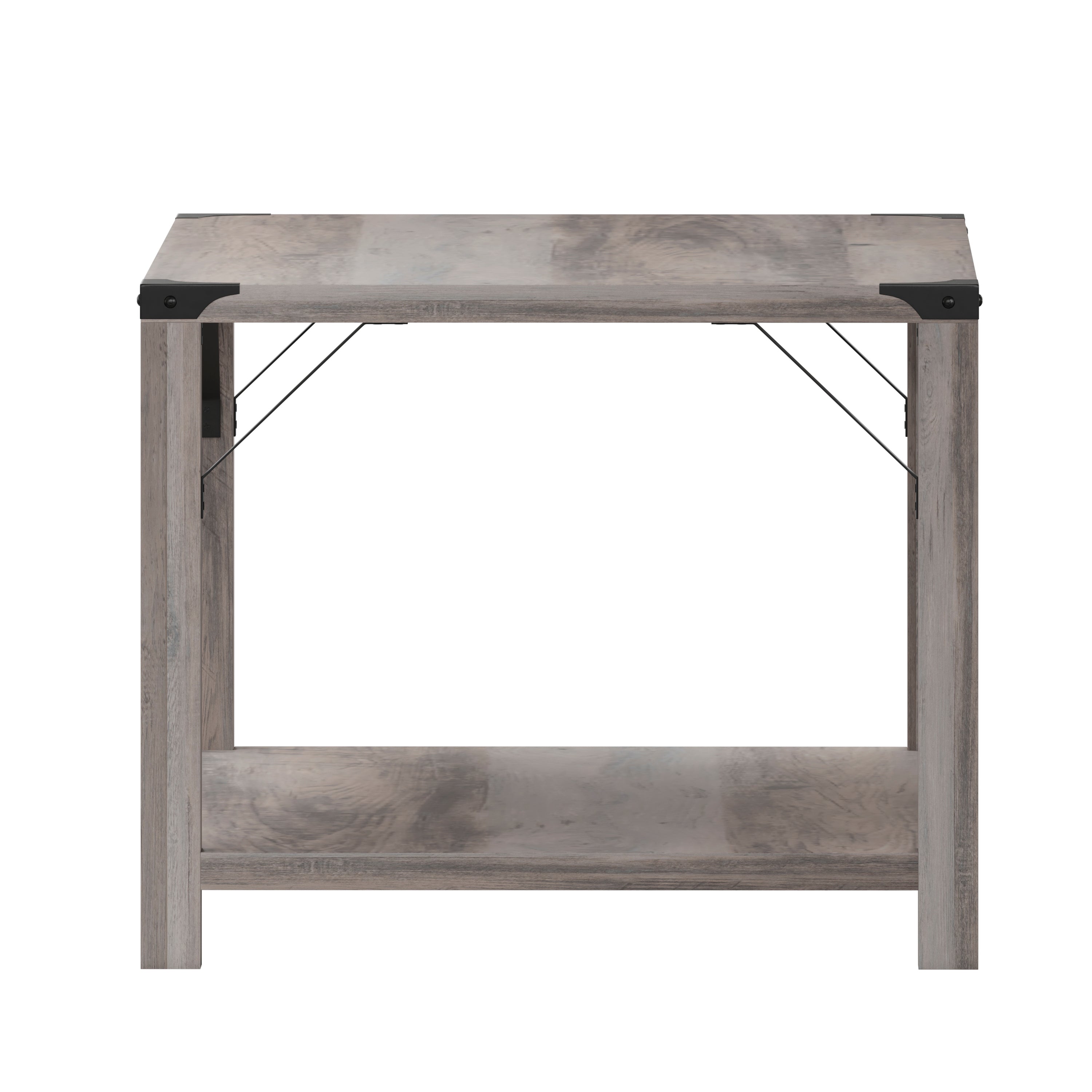 Wyatt Modern Farmhouse Wooden 2 Tier Coffee Table with Black Metal Corner Accents and Cross Bracing, Gray Wash