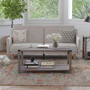 Wyatt Modern Farmhouse Wooden 2 Tier Coffee Table with Black Metal Corner Accents and Cross Bracing, Gray Wash