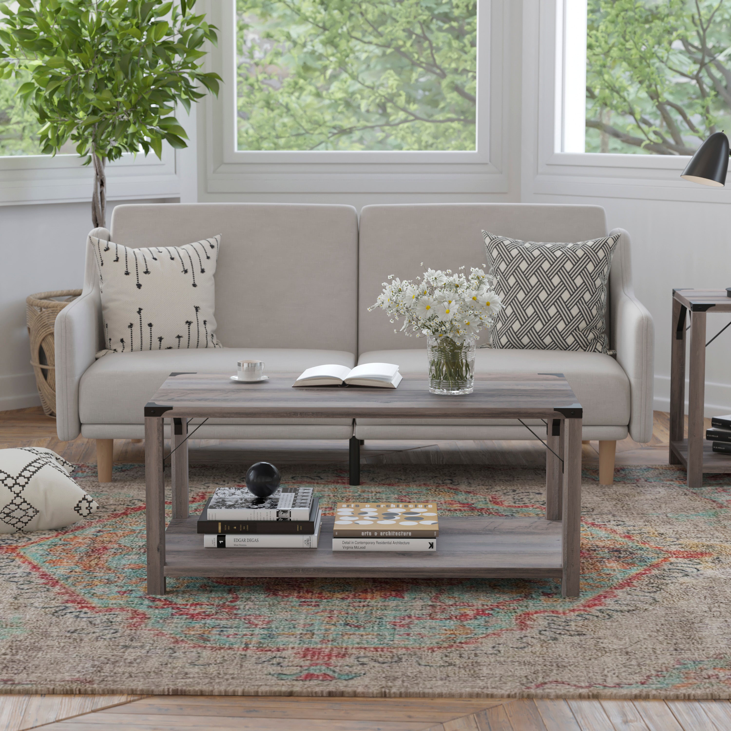 Wyatt Modern Farmhouse Wooden 2 Tier Coffee Table with Black Metal Corner Accents and Cross Bracing, Gray Wash