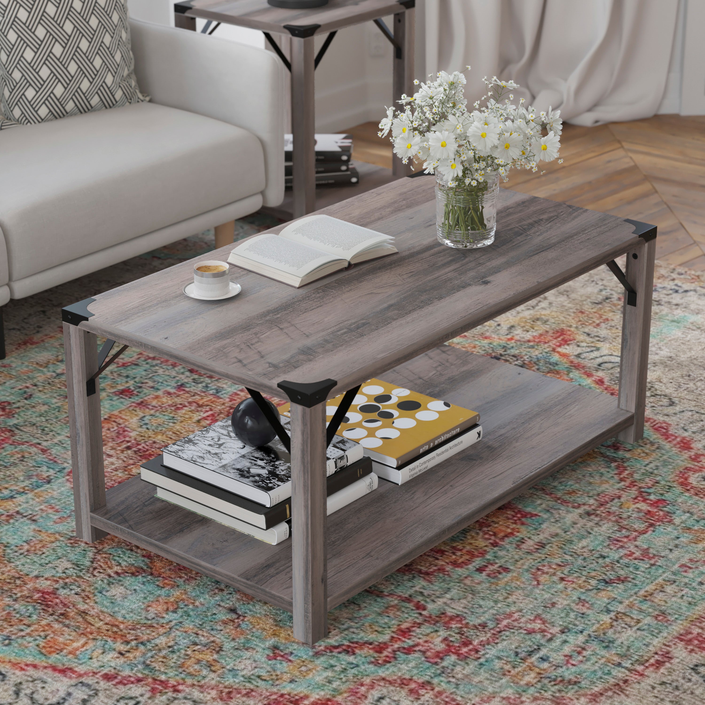 Wyatt Modern Farmhouse Wooden 2 Tier Coffee Table with Black Metal Corner Accents and Cross Bracing, Gray Wash