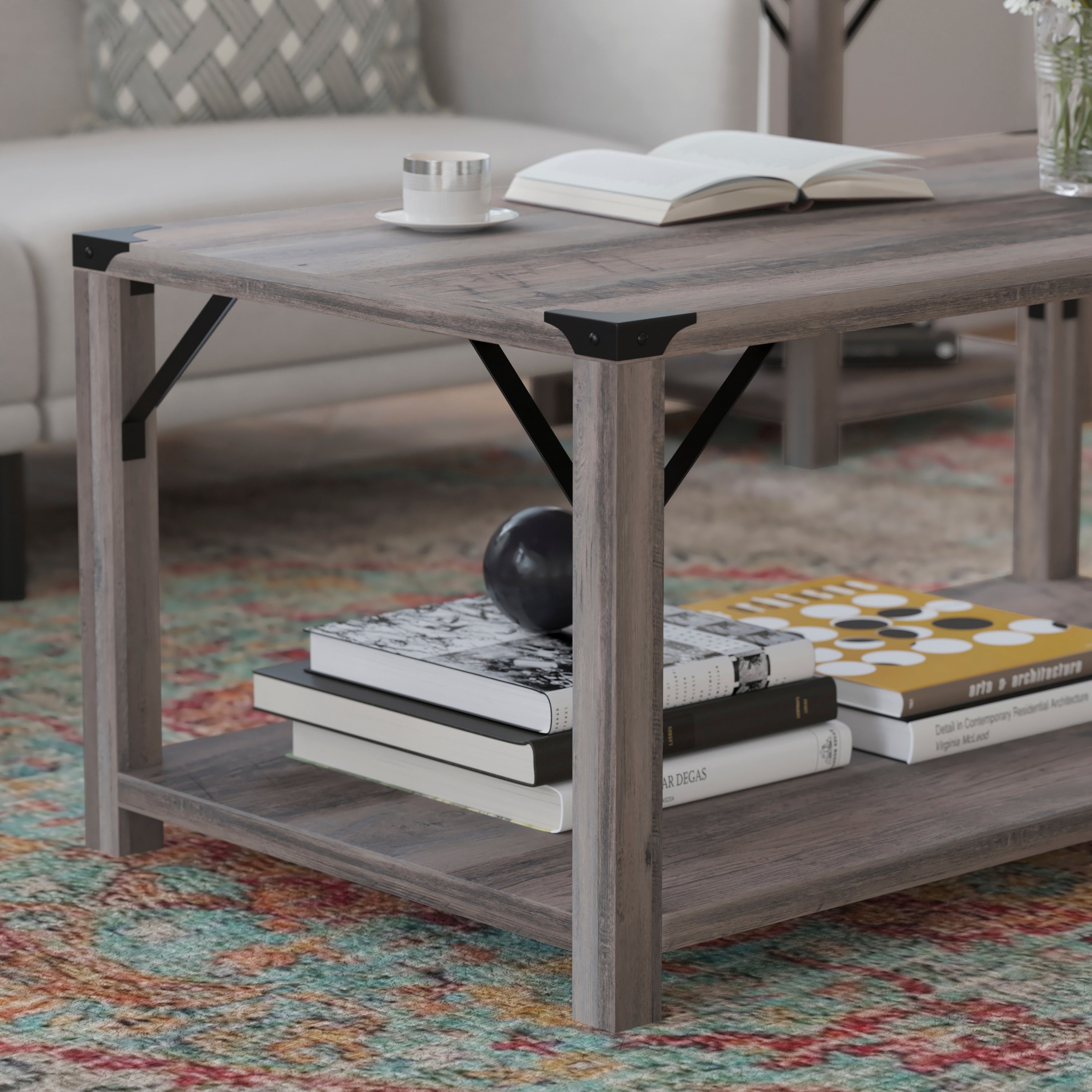 Wyatt Modern Farmhouse Wooden 2 Tier Coffee Table with Black Metal Corner Accents and Cross Bracing, Gray Wash
