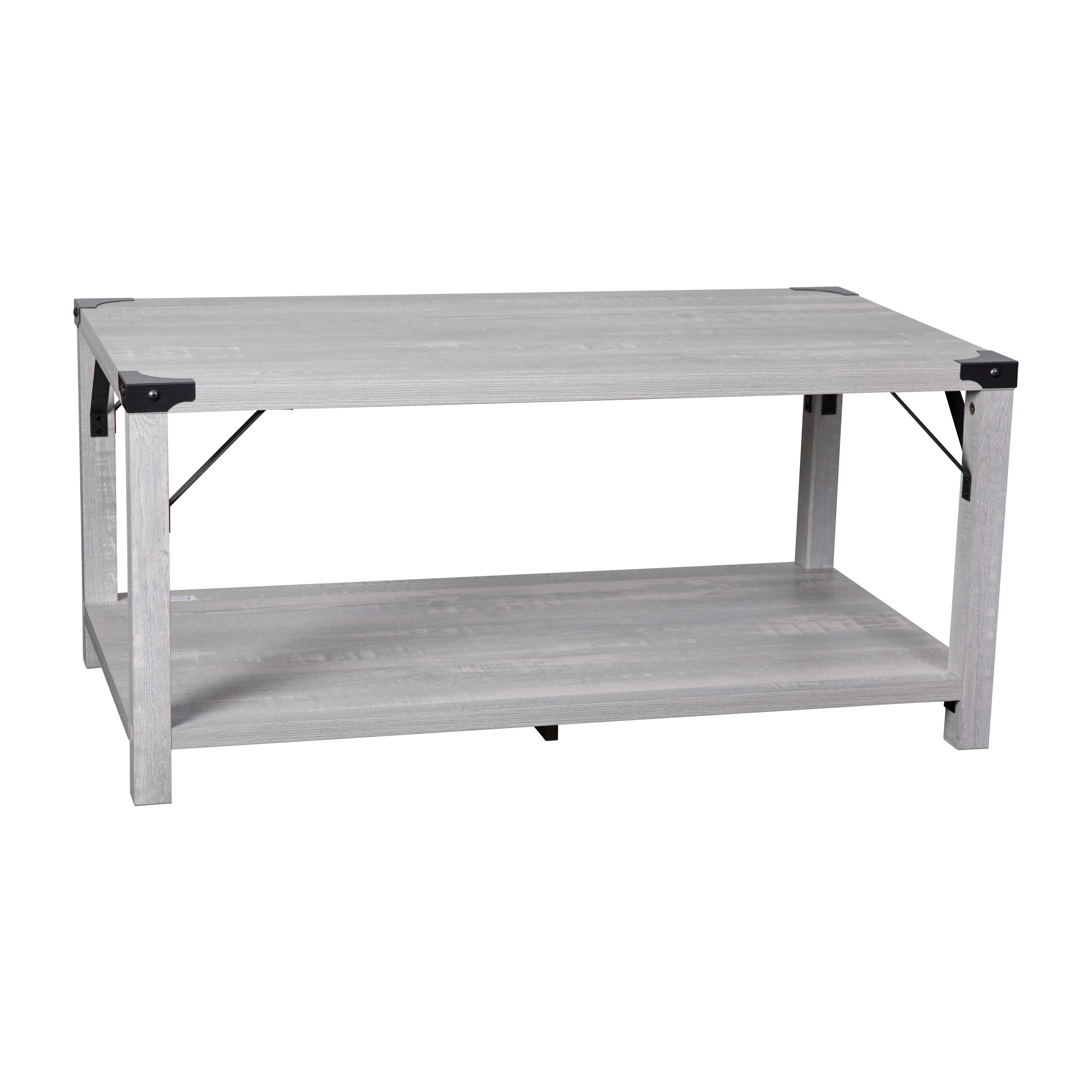 Wyatt Modern Farmhouse Wooden 2 Tier Coffee Table with Black Metal Corner Accents and Cross Bracing, Aspen Gray