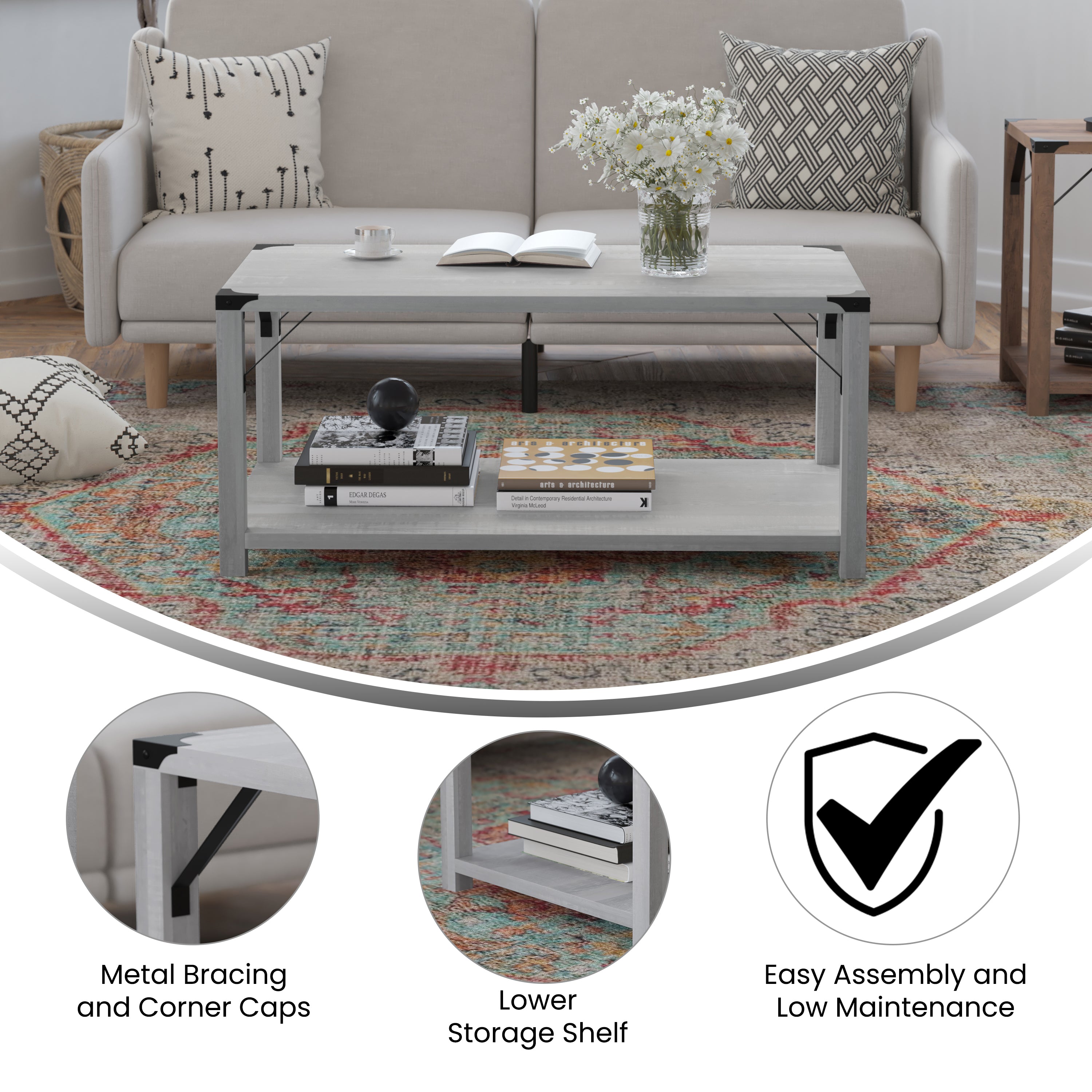 Wyatt Modern Farmhouse Wooden 2 Tier Coffee Table with Black Metal Corner Accents and Cross Bracing, Aspen Gray