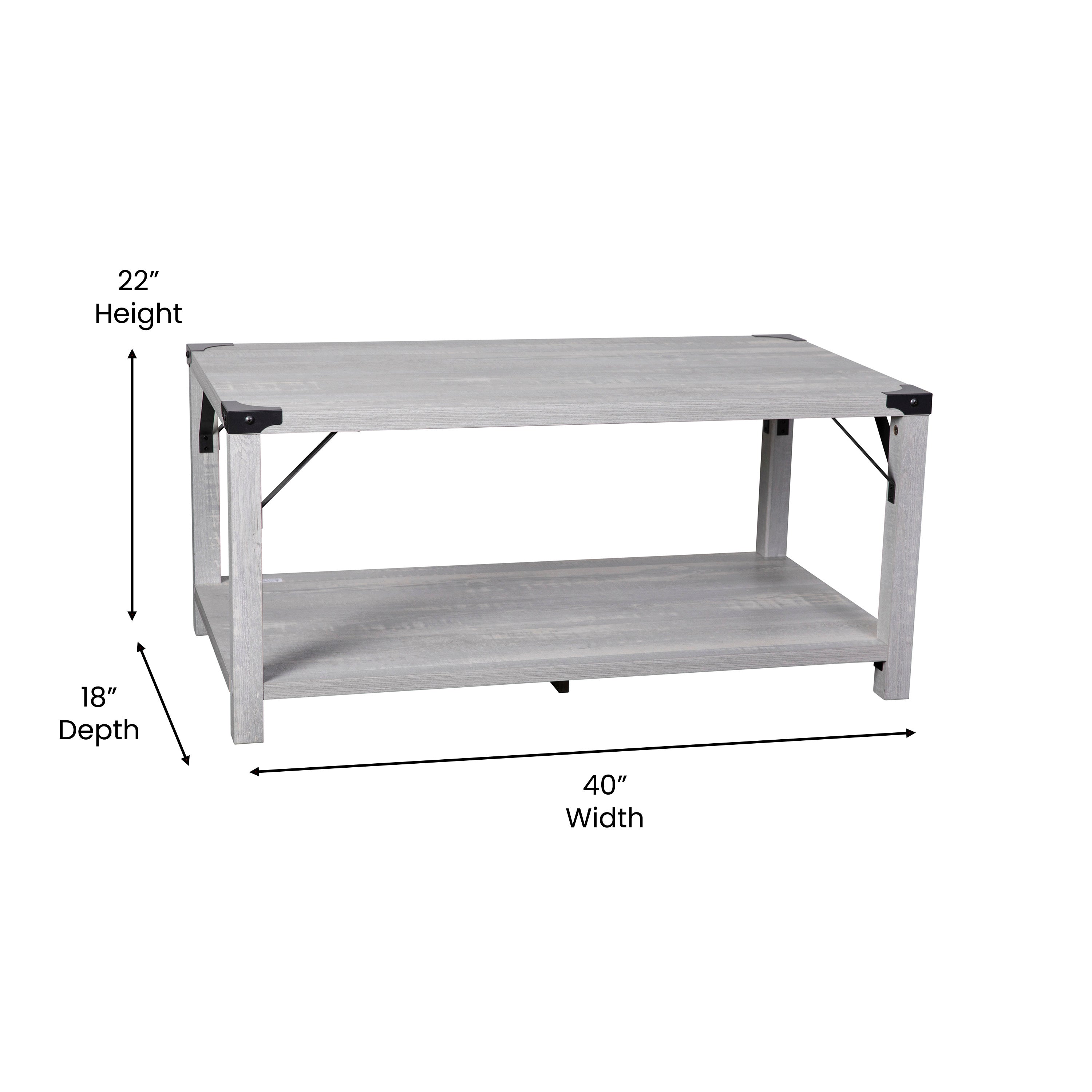 Wyatt Modern Farmhouse Wooden 2 Tier Coffee Table with Black Metal Corner Accents and Cross Bracing, Aspen Gray