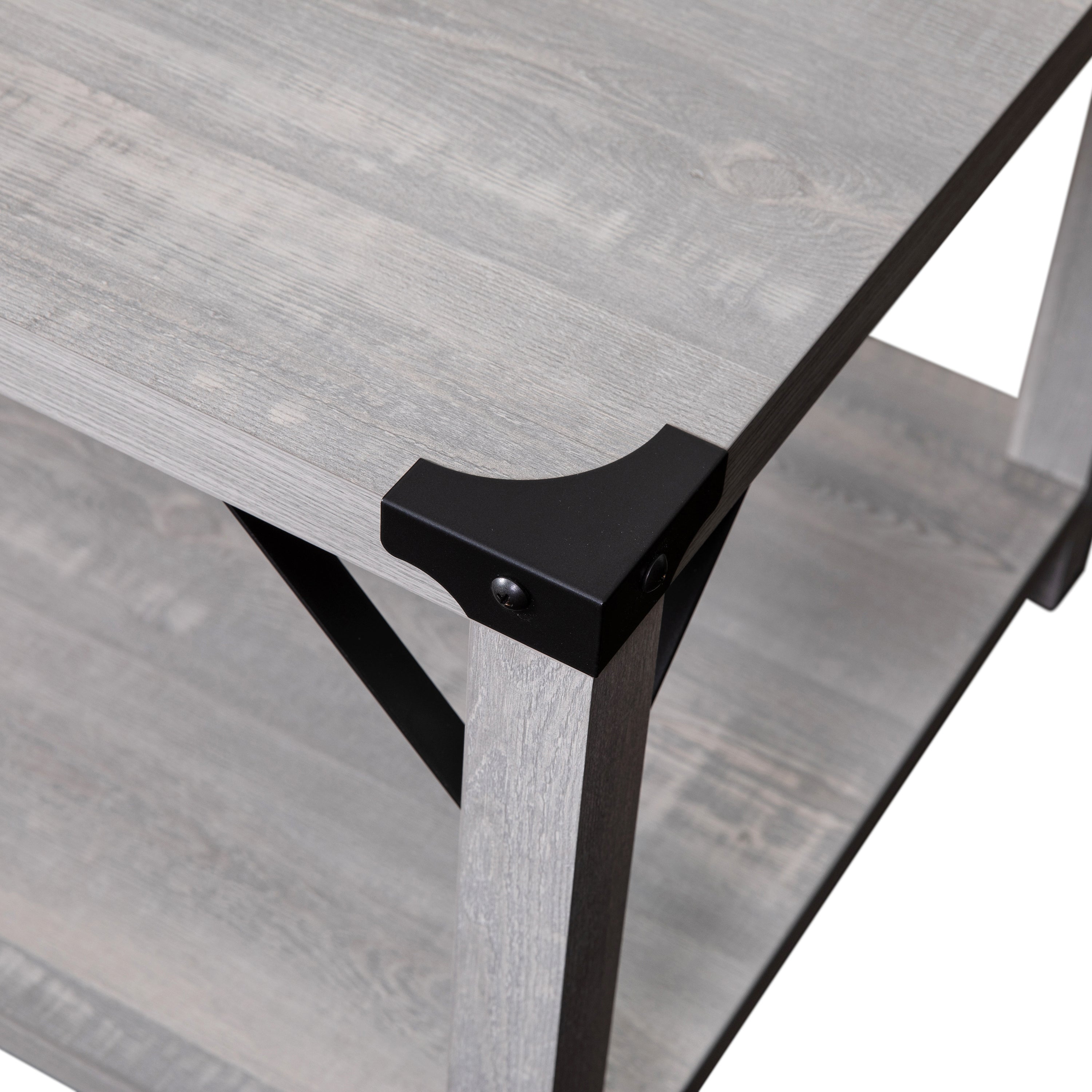 Wyatt Modern Farmhouse Wooden 2 Tier Coffee Table with Black Metal Corner Accents and Cross Bracing, Aspen Gray