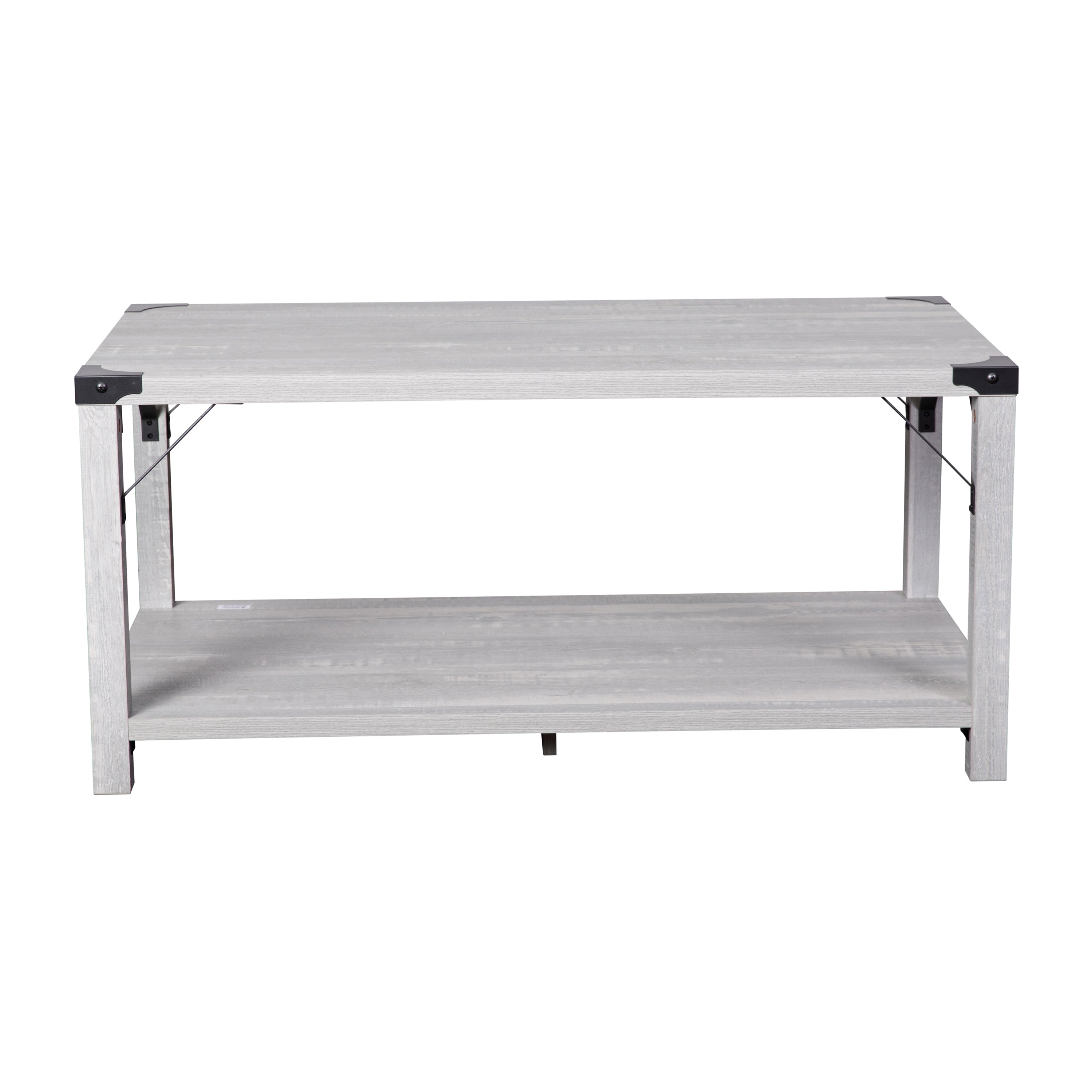 Wyatt Modern Farmhouse Wooden 2 Tier Coffee Table with Black Metal Corner Accents and Cross Bracing, Aspen Gray
