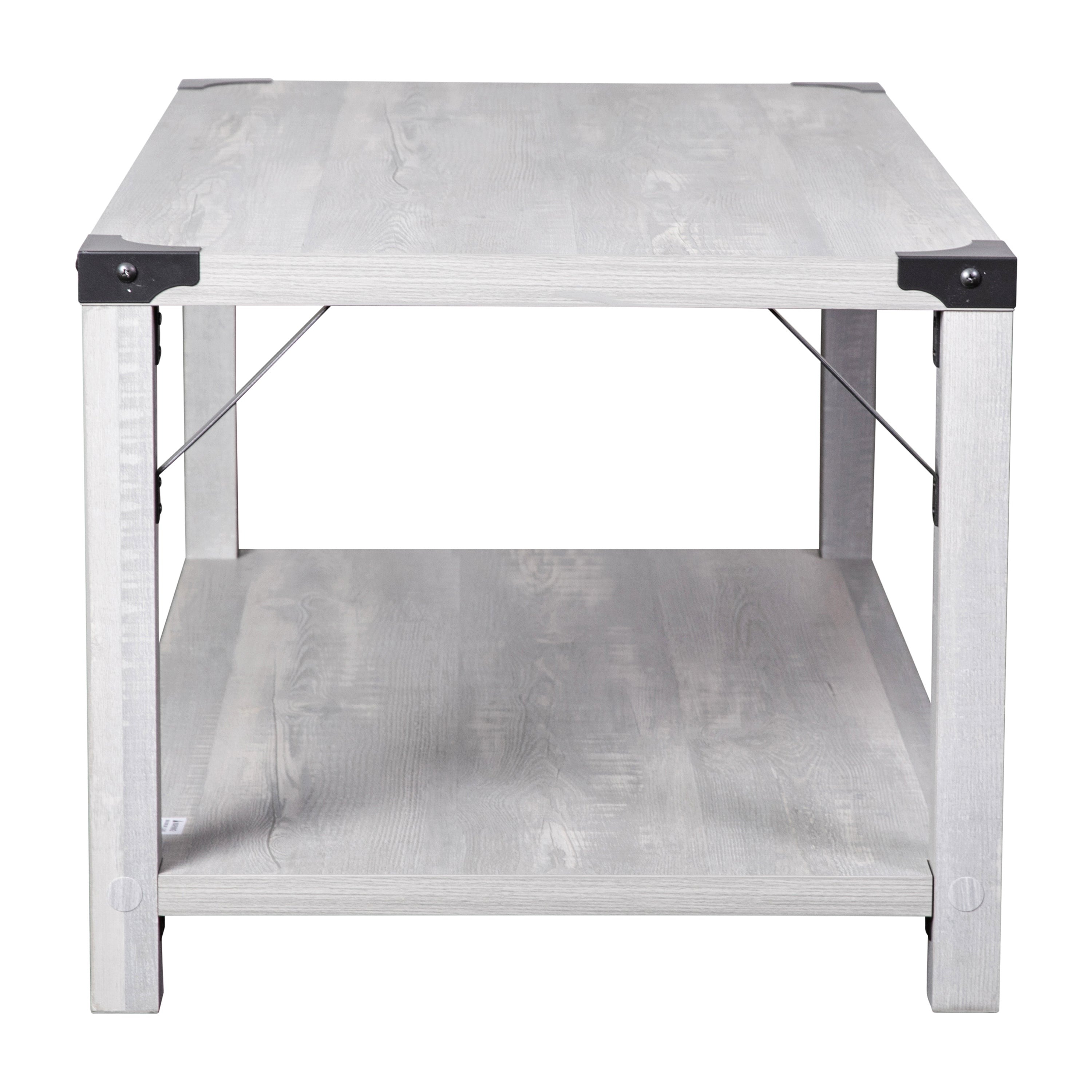 Wyatt Modern Farmhouse Wooden 2 Tier Coffee Table with Black Metal Corner Accents and Cross Bracing, Aspen Gray