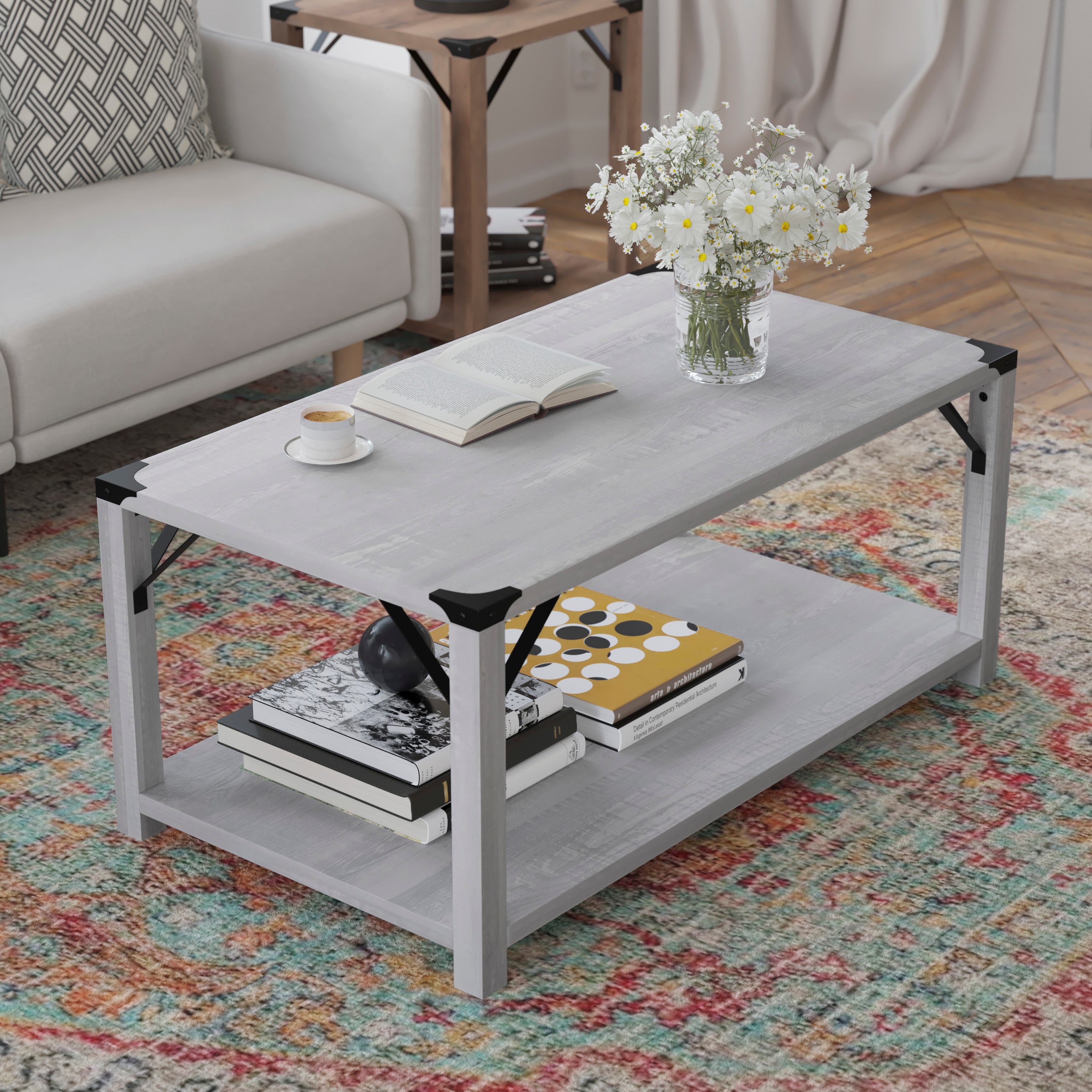 Wyatt Modern Farmhouse Wooden 2 Tier Coffee Table with Black Metal Corner Accents and Cross Bracing, Aspen Gray