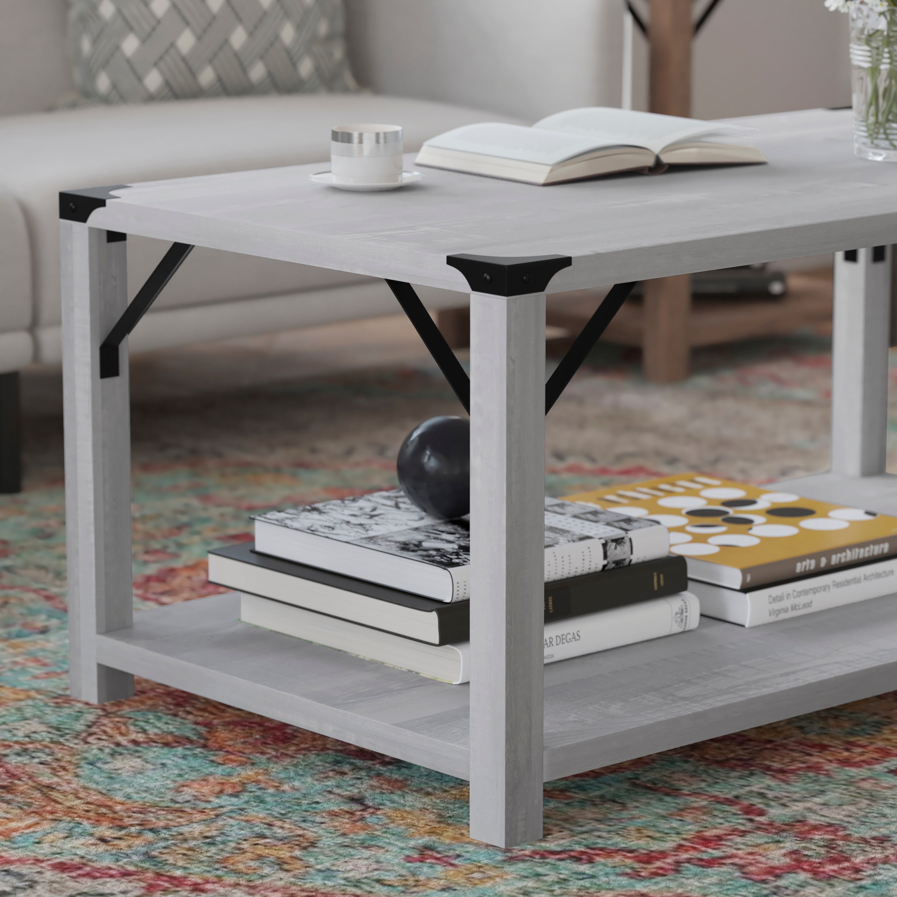 Wyatt Modern Farmhouse Wooden 2 Tier Coffee Table with Black Metal Corner Accents and Cross Bracing, Aspen Gray