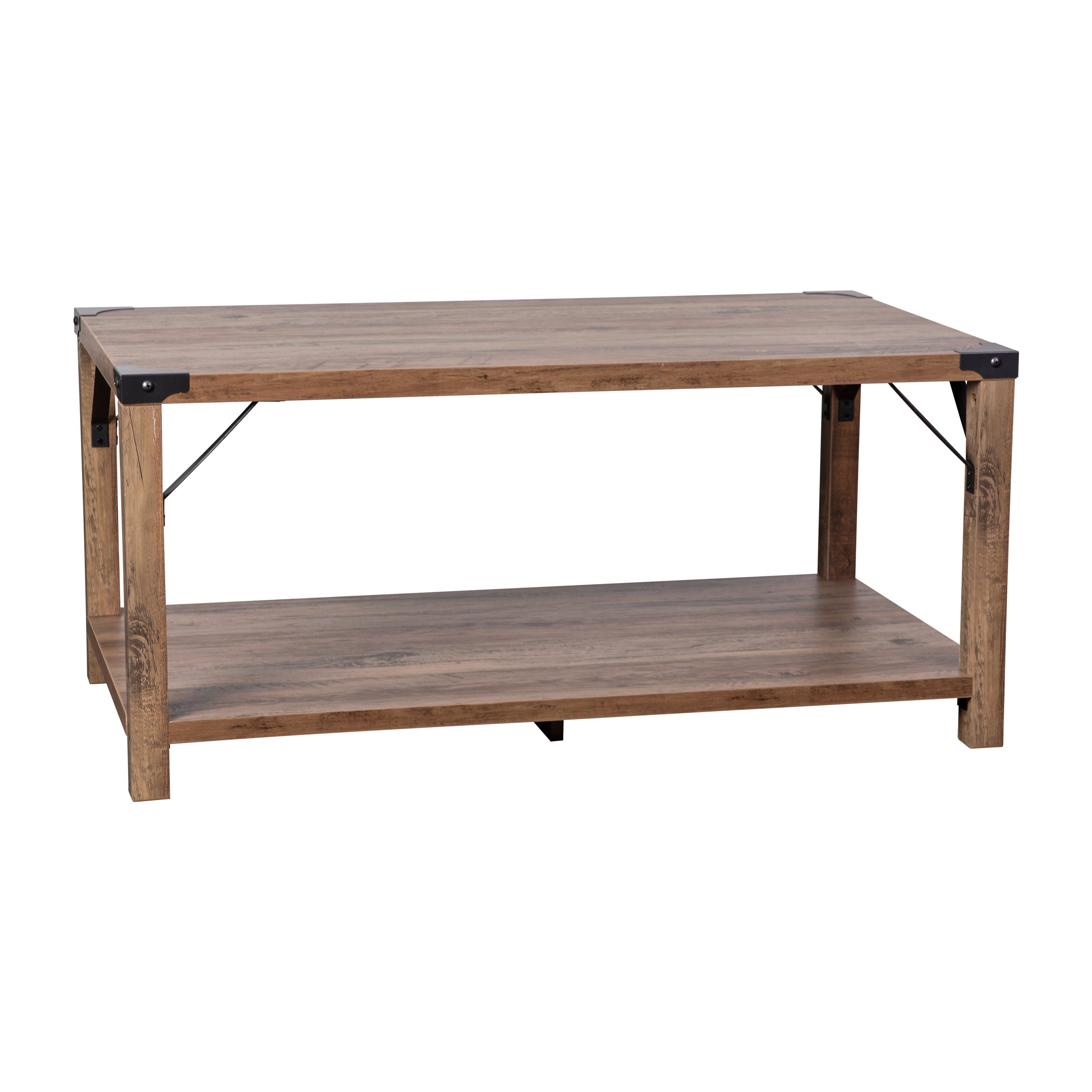 Wyatt Modern Farmhouse Wooden 2 Tier Coffee Table with Black Metal Corner Accents and Cross Bracing, Rustic Oak