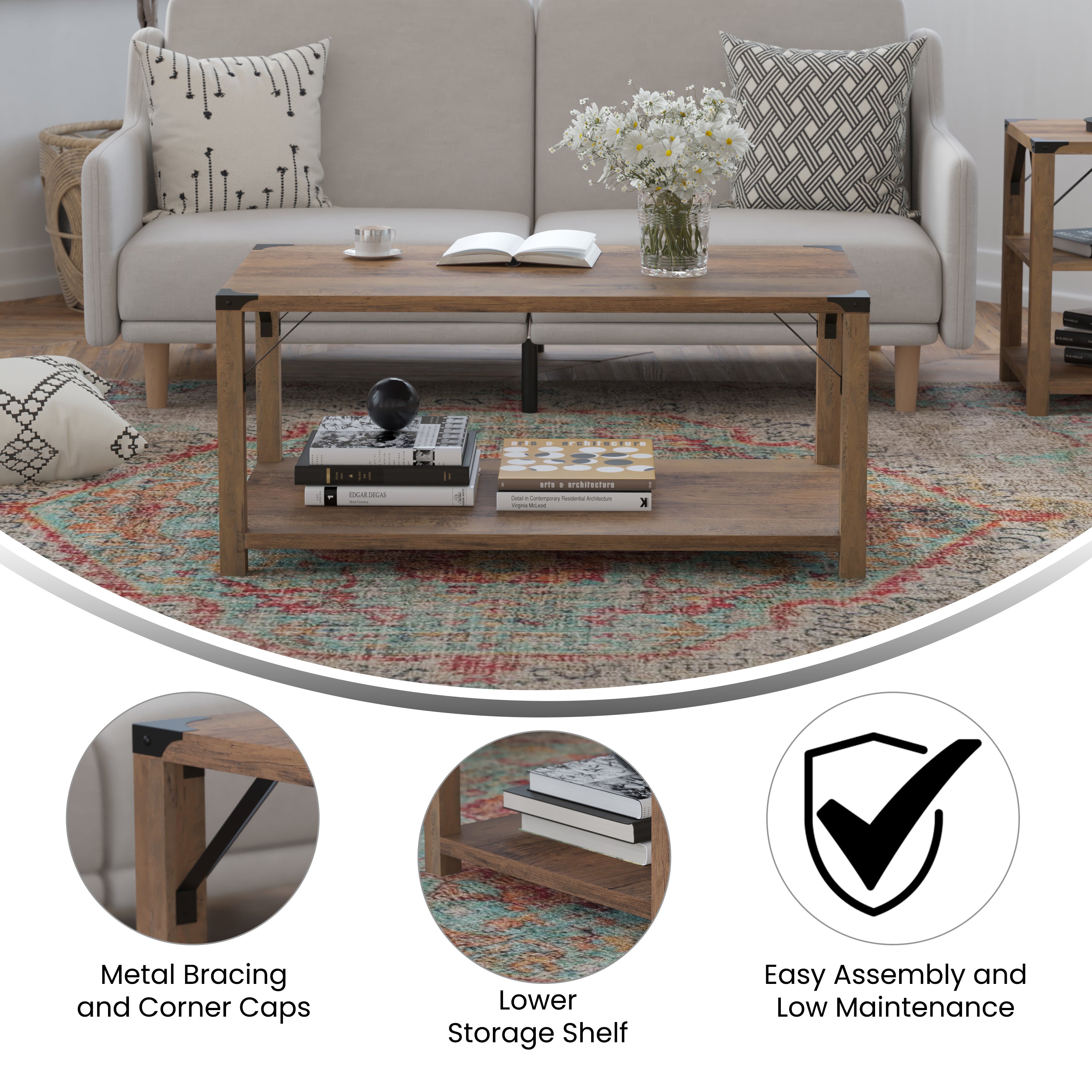 Wyatt Modern Farmhouse Wooden 2 Tier Coffee Table with Black Metal Corner Accents and Cross Bracing, Rustic Oak