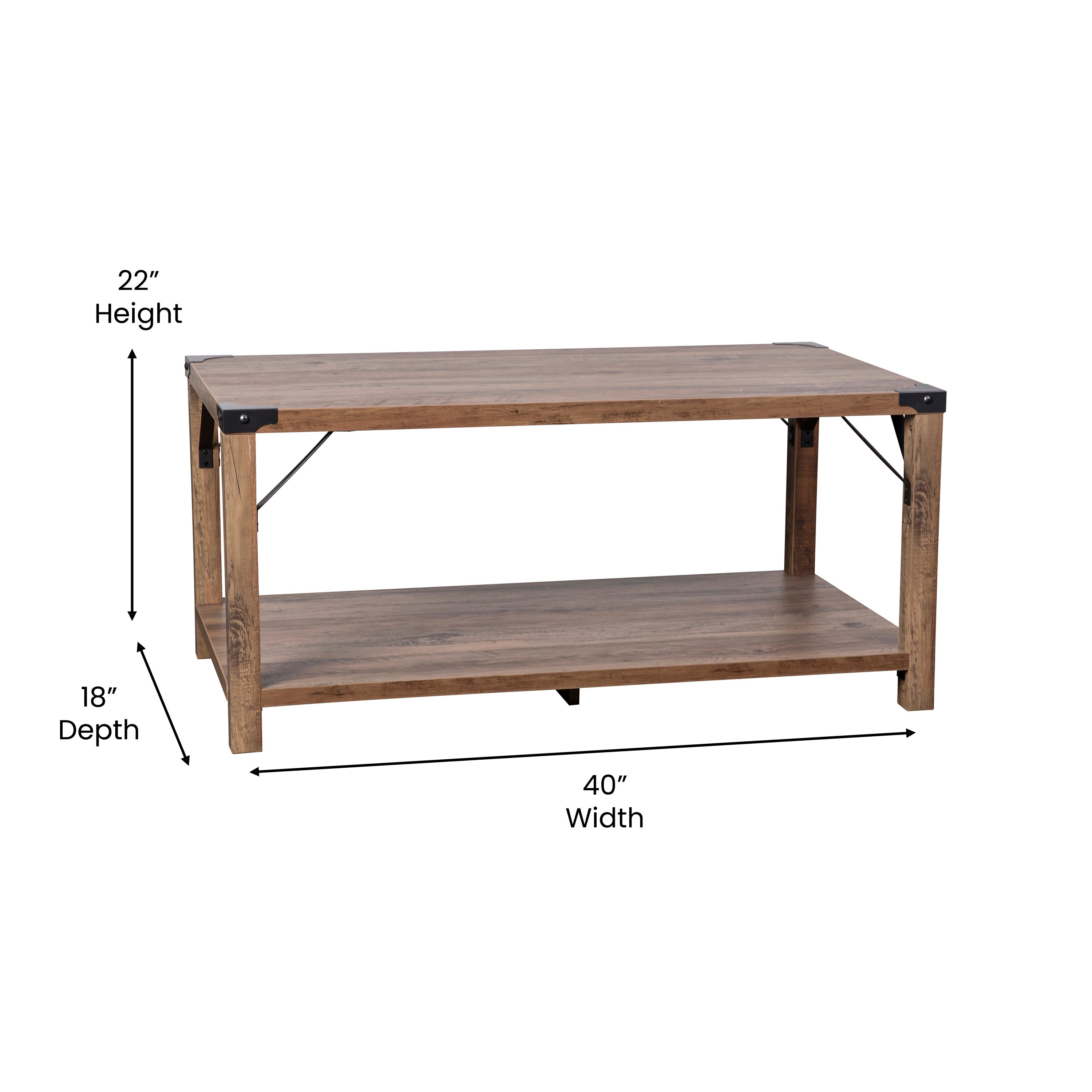 Wyatt Modern Farmhouse Wooden 2 Tier Coffee Table with Black Metal Corner Accents and Cross Bracing, Rustic Oak