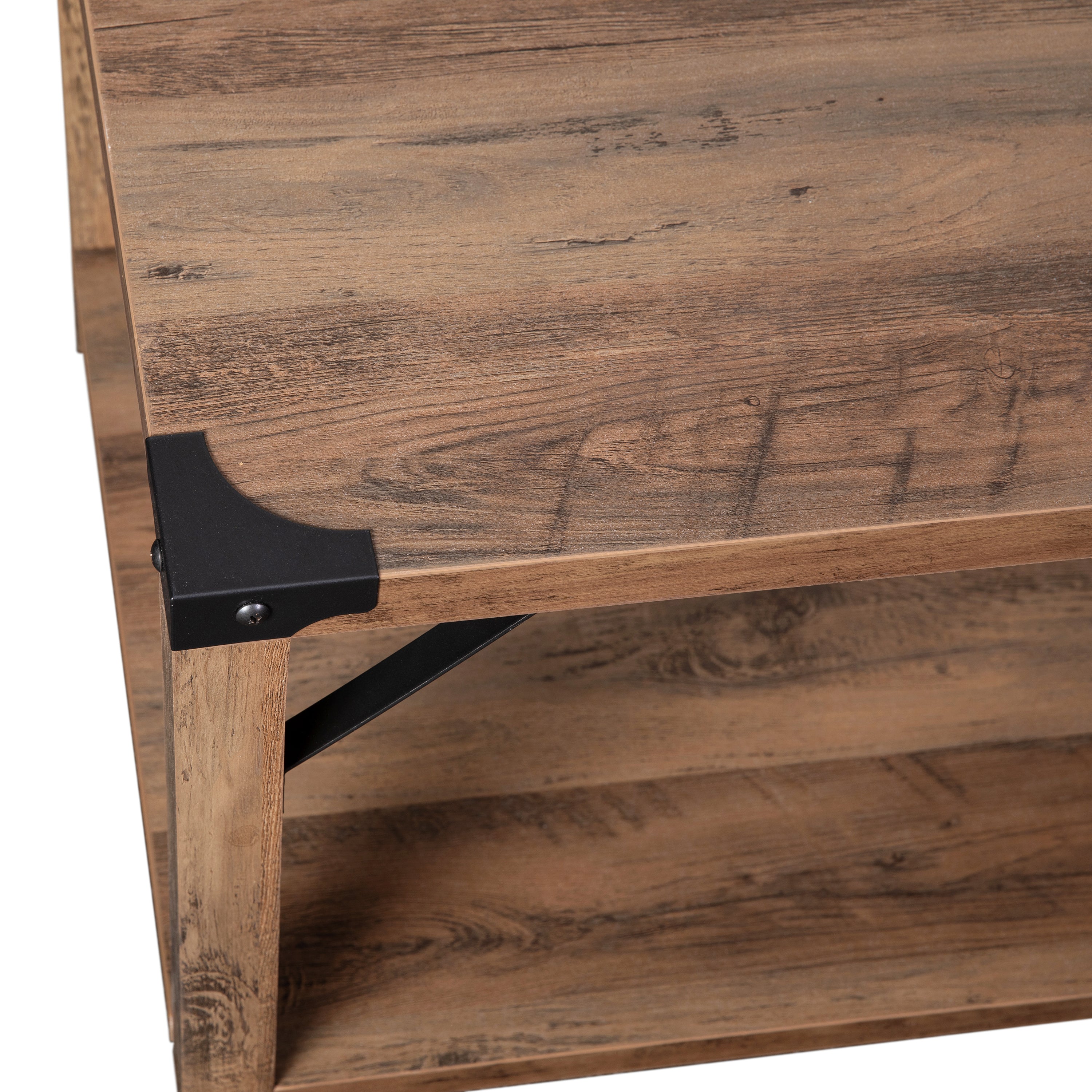 Wyatt Modern Farmhouse Wooden 2 Tier Coffee Table with Black Metal Corner Accents and Cross Bracing, Rustic Oak