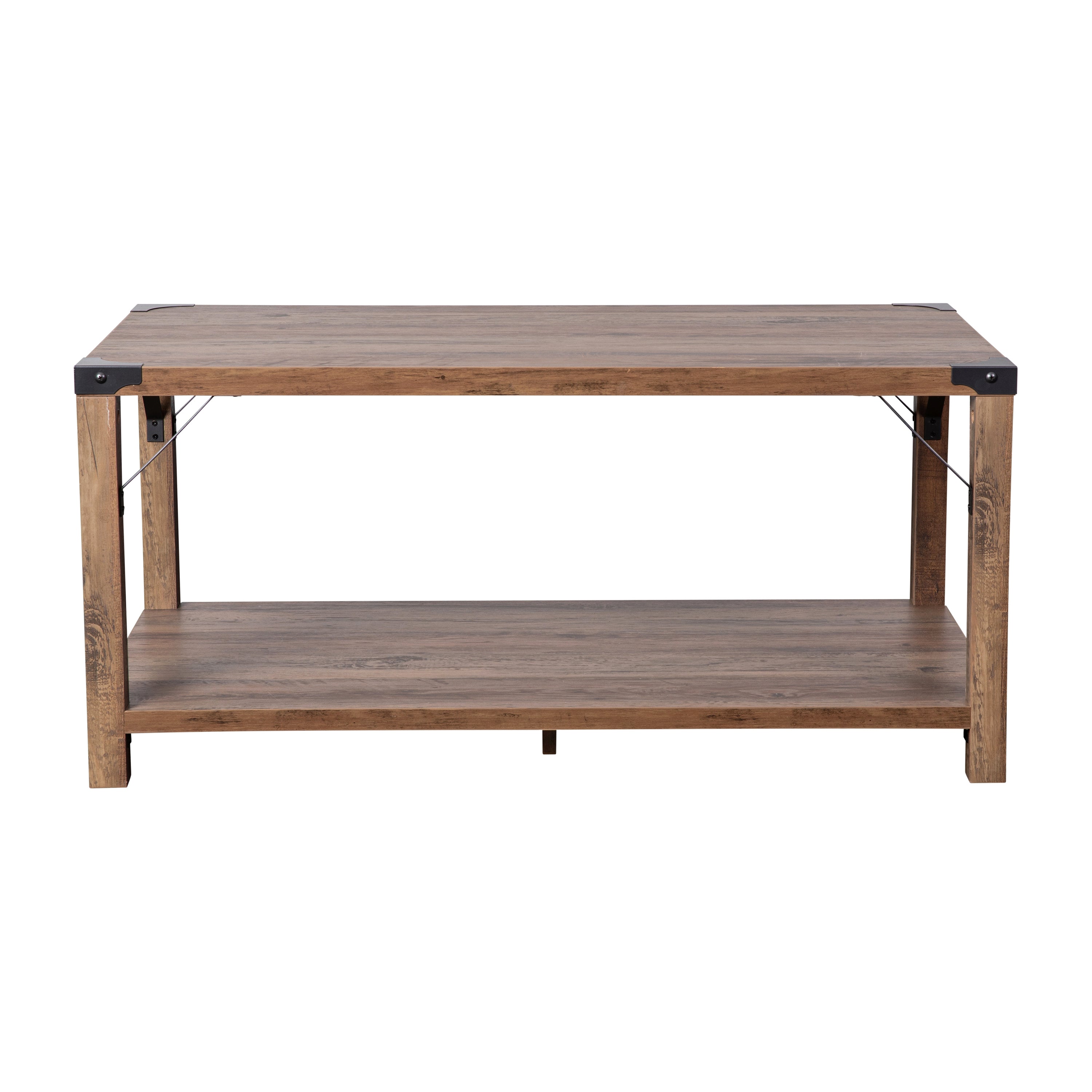 Wyatt Modern Farmhouse Wooden 2 Tier Coffee Table with Black Metal Corner Accents and Cross Bracing, Rustic Oak